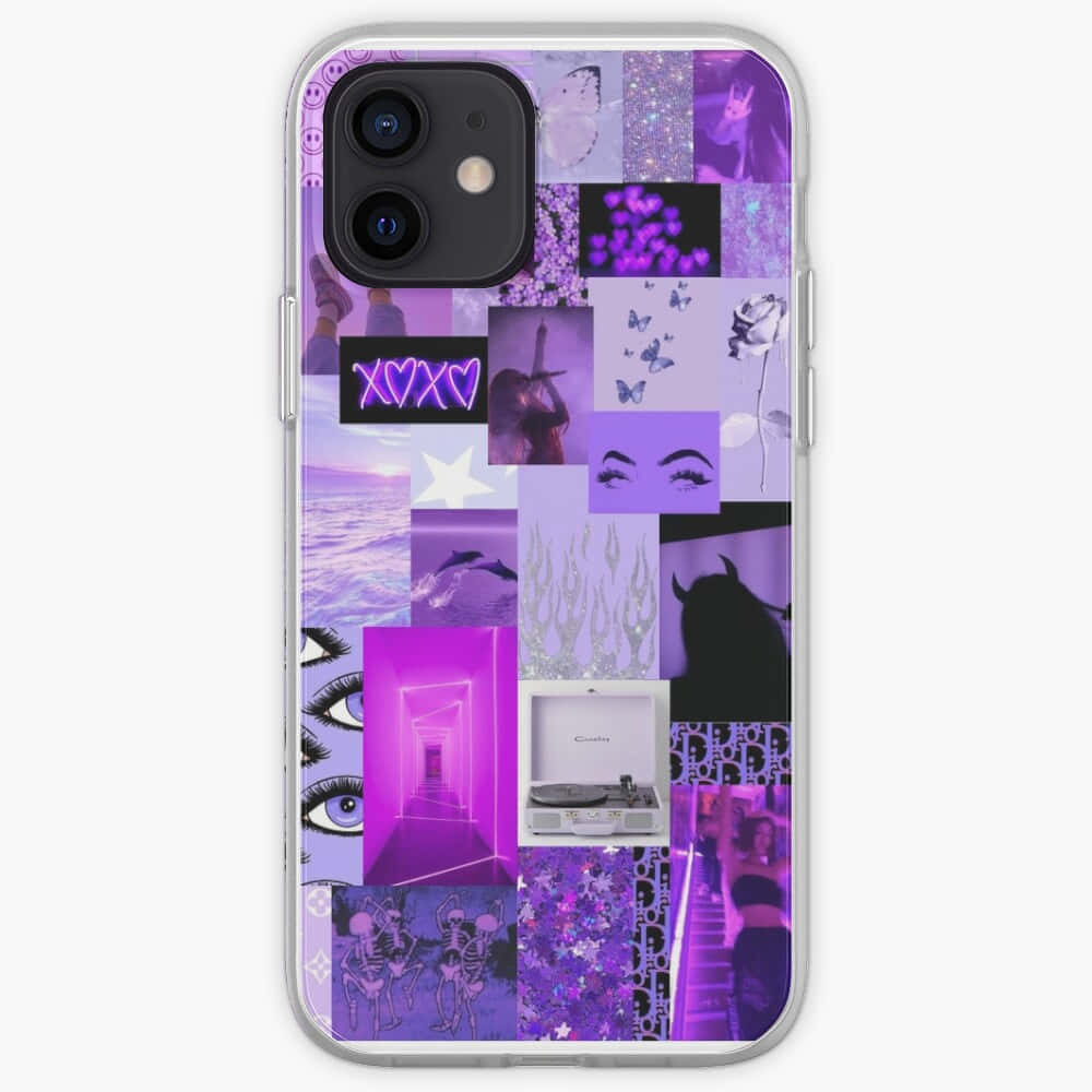 Violet Aesthetic 桌布 壁紙 — 充滿夢幻美學的紫色拼貼手機殼，帶有眼睛、蝴蝶、心形和霓虹燈。