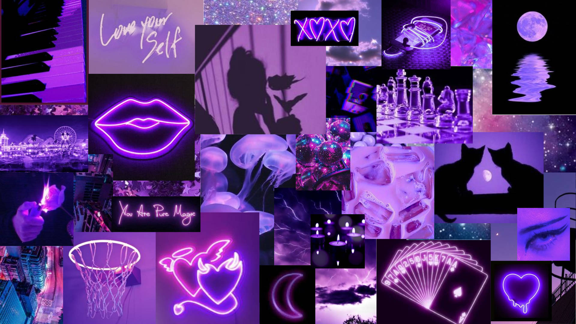 Purple Collage 桌布 壁紙 — 充滿夢幻美學的鮮豔紫色霓虹拼貼， featuring 嘴唇、月亮、貓咪和發光符號。