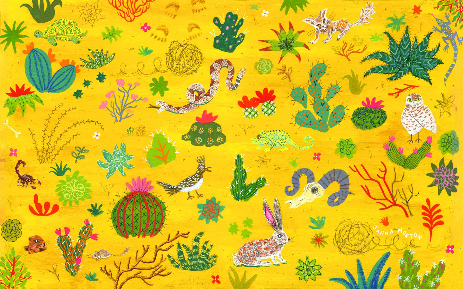 Illustration Art 桌布 壁紙 — 充滿大膽色彩、奇思妙想的沙漠動物和仙人掌插圖的鮮黃色背景。