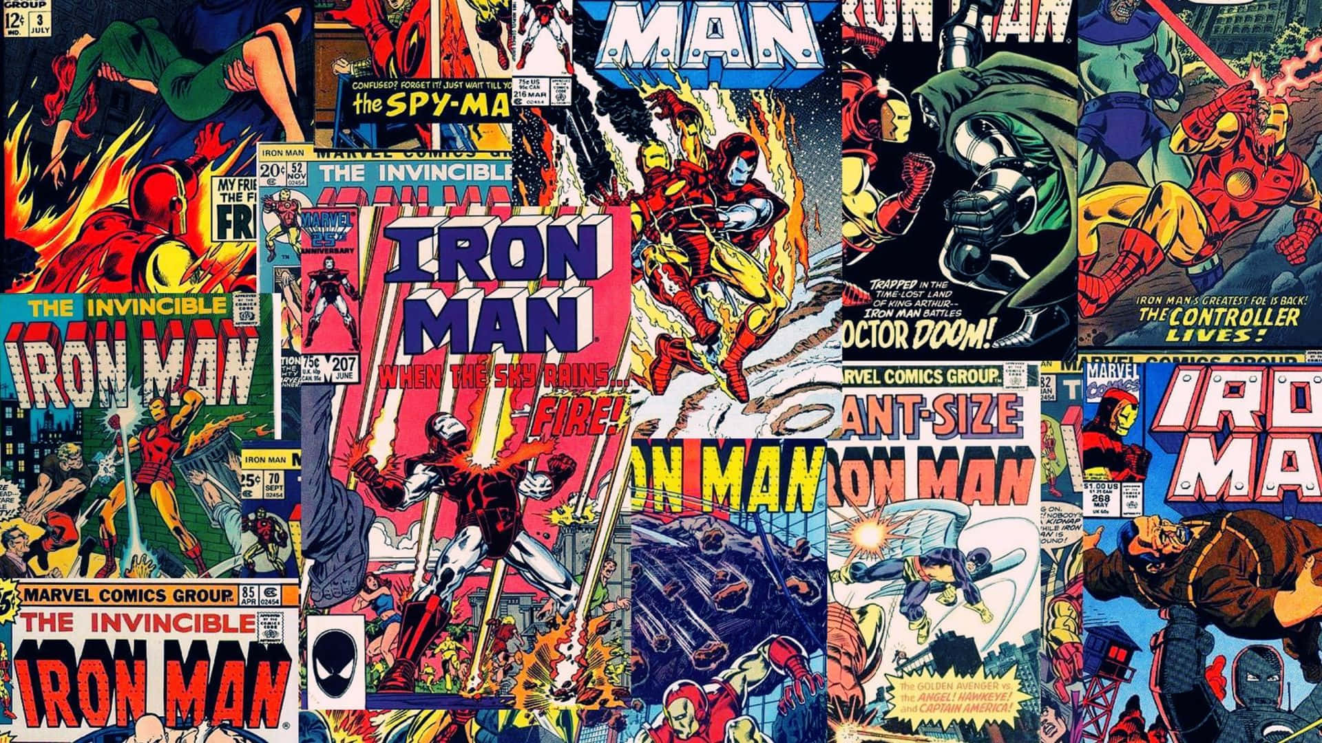 Superhero Collage 桌布 壁紙 — 充滿大膽色彩和動感超級英雄動作的經典鋼鐵人漫畫封面拼貼畫。