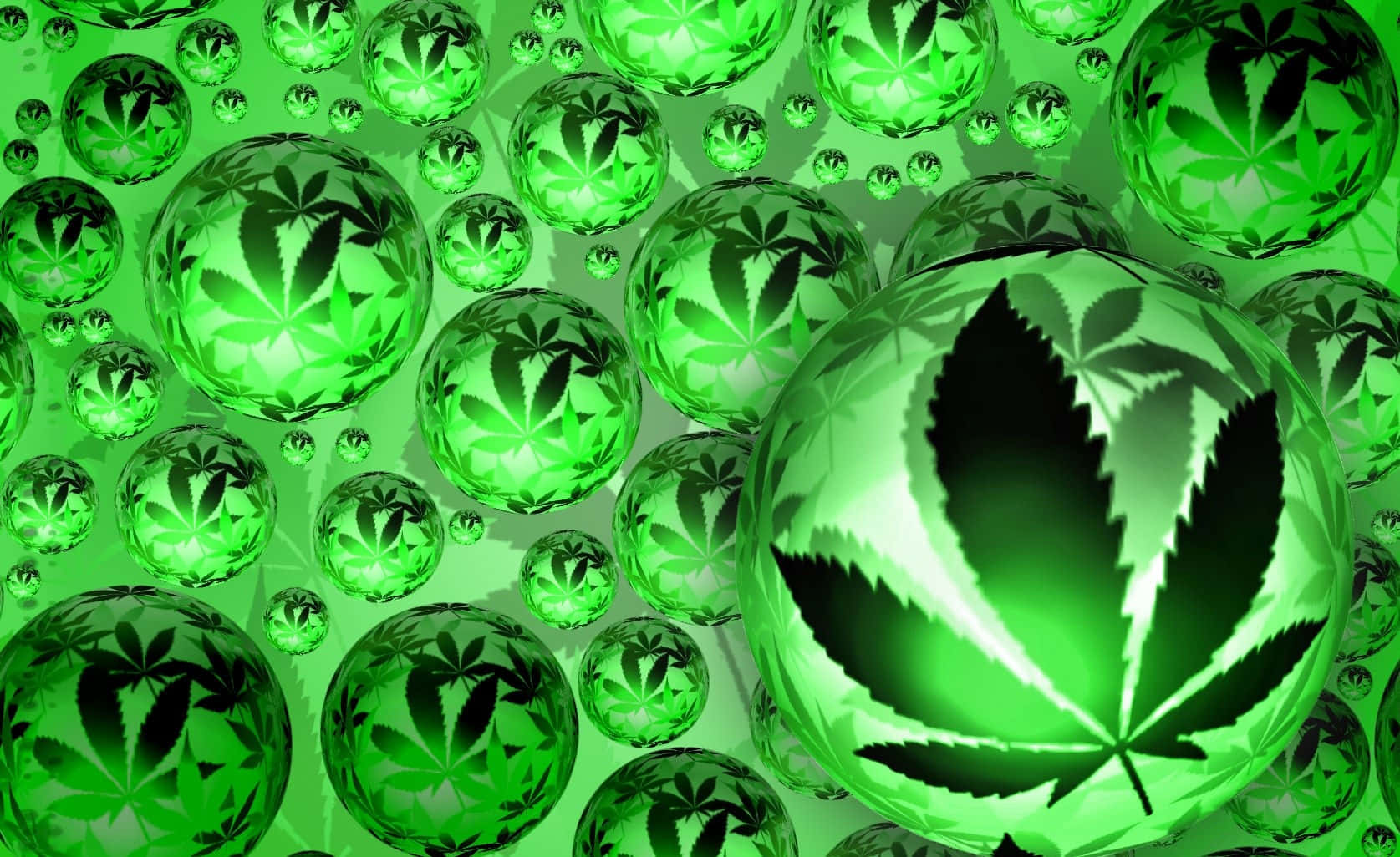 Psychedelic Weed 桌布 壁紙 — 充滿大麻葉剪影的鮮綠色半透明球體漂浮在發光的數位空間中。