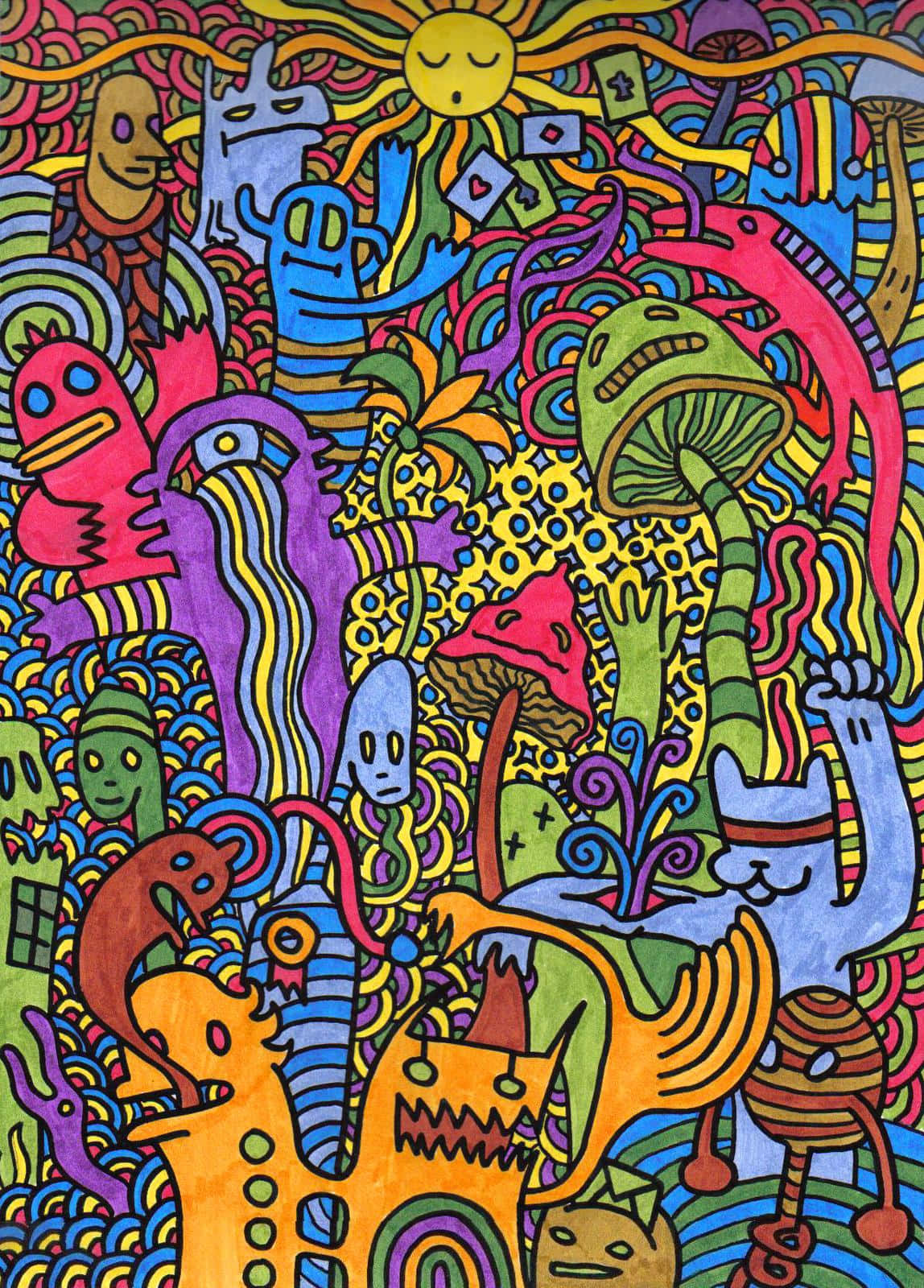 60s 桌布 壁紙 — 充滿奇幻生物、色彩繽紛圖案和微笑太陽的迷幻塗鴉，構成混亂而歡樂的畫面。