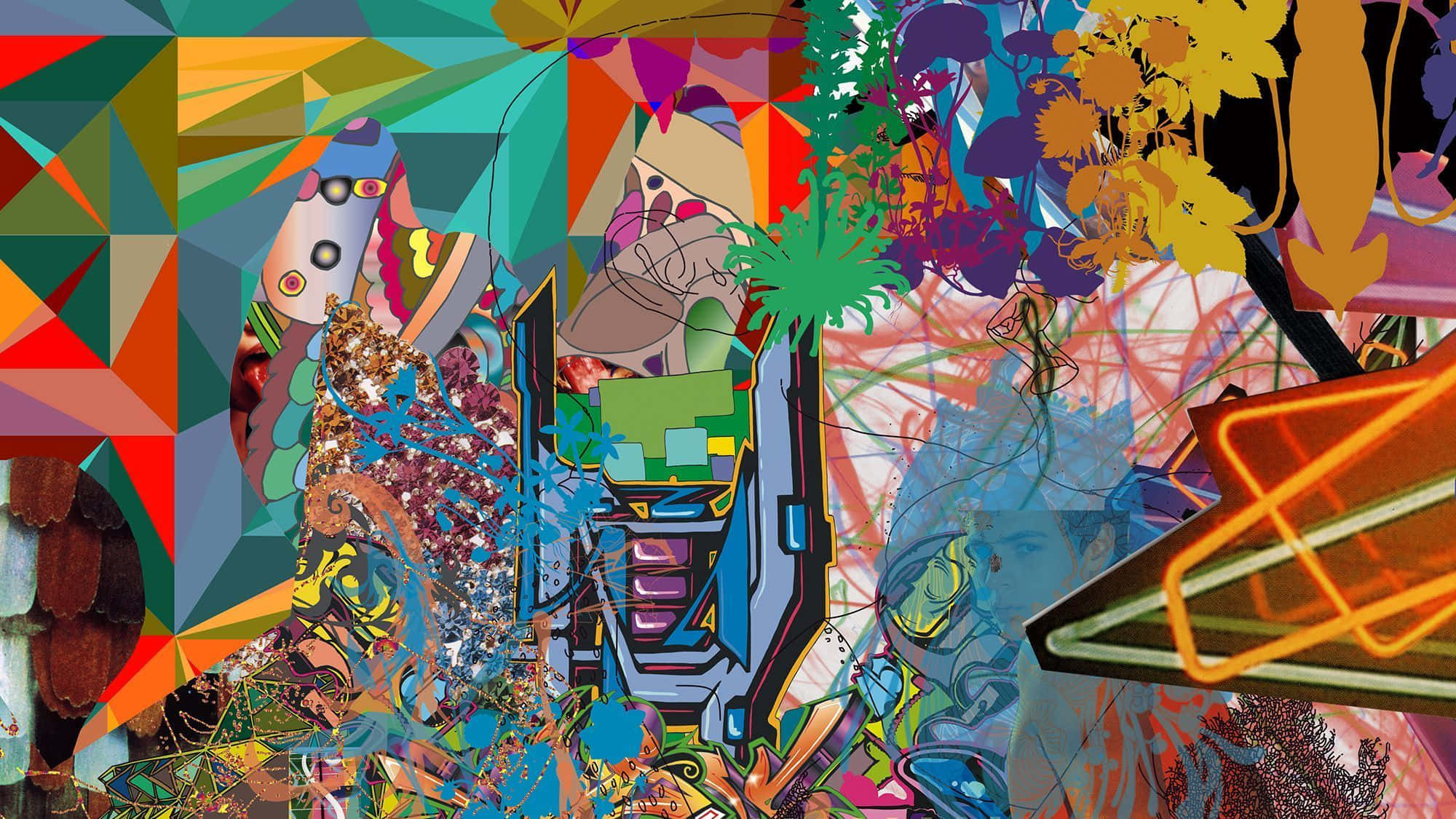 Contemporary Art 桌布 壁紙 — 充滿幾何形狀和混亂多彩圖案的鮮豔抽象數位藝術作品。