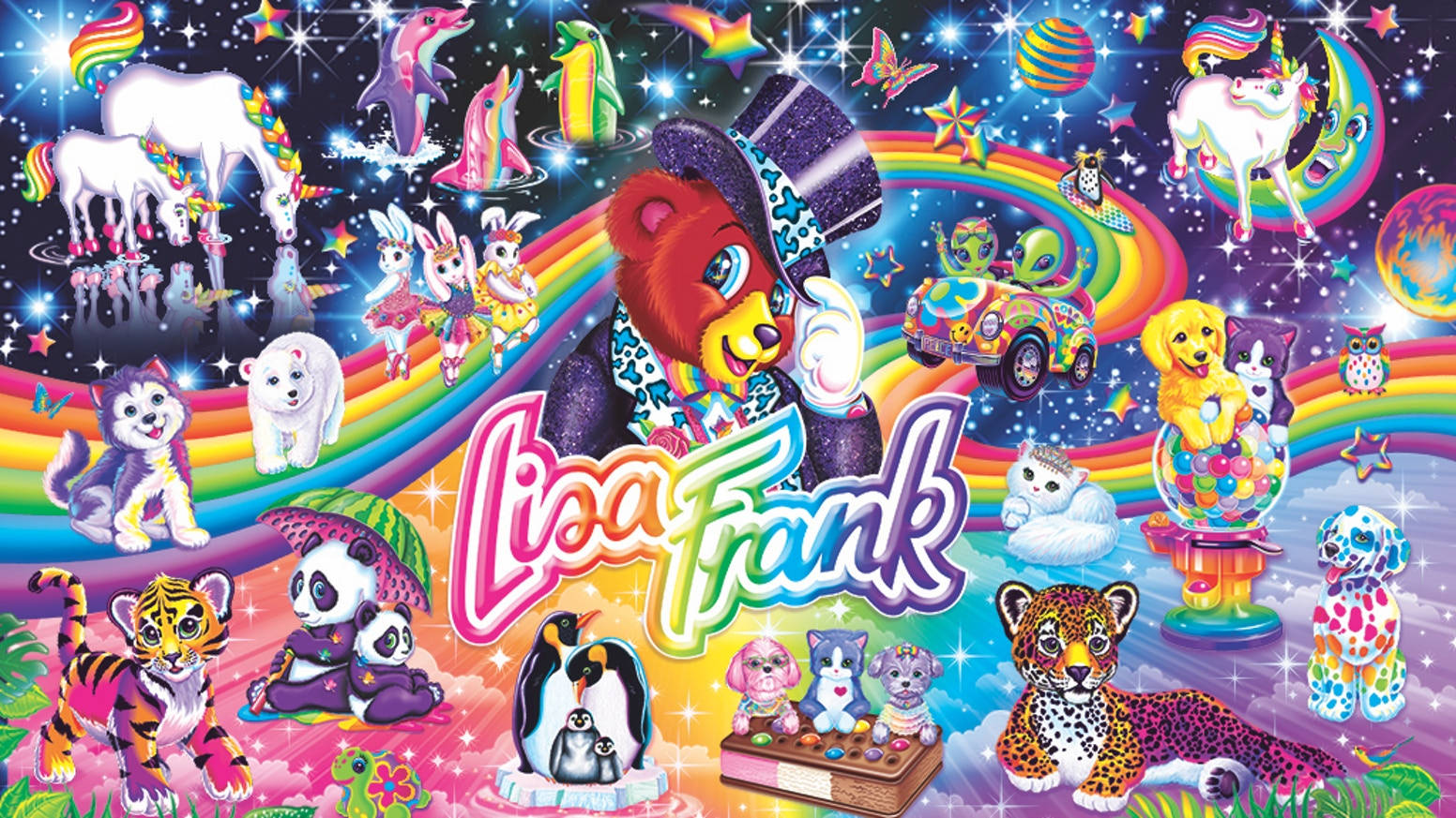 被彩虹動物和宇宙元素包圍的 Lisa Frank 標誌。 — 彩虹 GIF 壁紙
