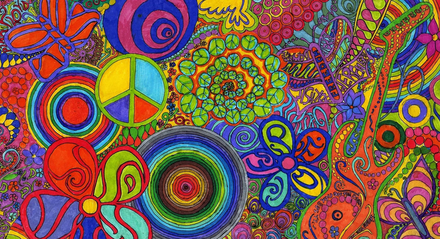 70s Hippie 桌布 壁紙 — 充滿彩虹色調漩渦圖案、花朵與和平符號的鮮豔迷幻藝術作品。