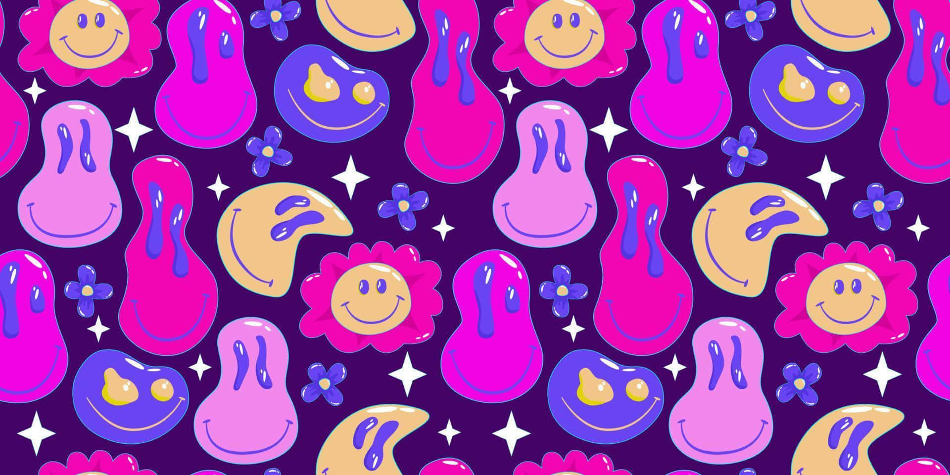 Aesthetic Trippy Smiley Face 桌布 壁紙 — 充滿微笑粉紅色和藍色圓點角色以及散落著白色星星的小花的鮮豔紫色背景。