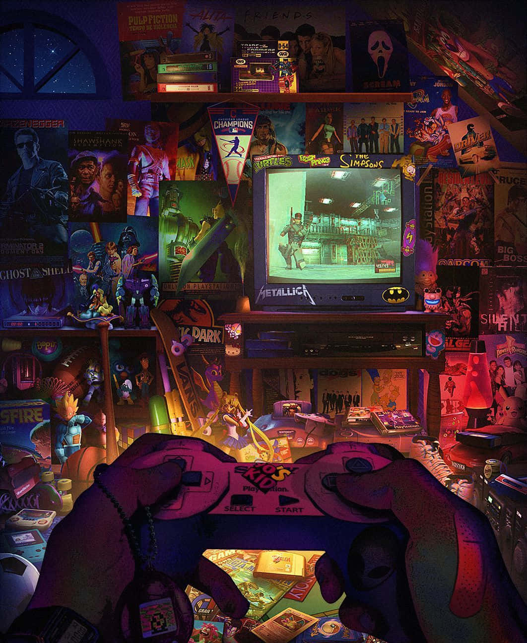 Gaming Classic Collections 桌布 壁紙 — 充滿懷舊氣息的遊戲玩家巢穴，沐浴在霓虹燈光下，雙手緊握PS1手把，周圍是流行文化海報和復古遊戲紀念品。
