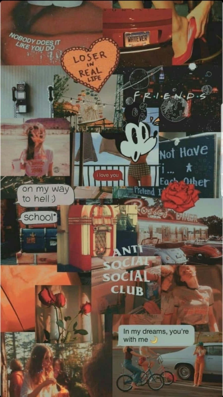 iPhone Collage 桌布 壁紙 — 充滿懷舊流行文化時刻、語錄和復古圖像的鮮明拼貼畫，帶有溫暖色調和青春活力。