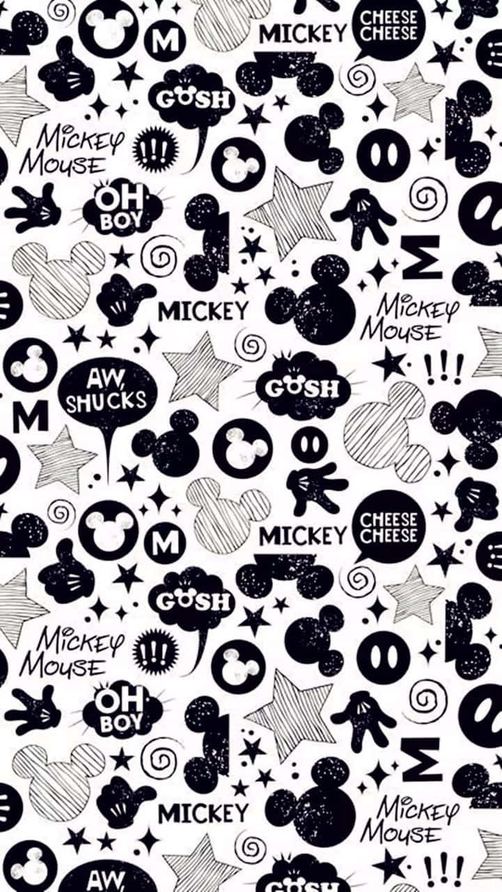 White Mickey Mouse 桌布 壁紙 — 充滿手繪米奇老鼠圖示、星星和帶有「Oh Boy」和「Cheese Cheese」等短語的對話氣泡的俏皮黑白桌布。