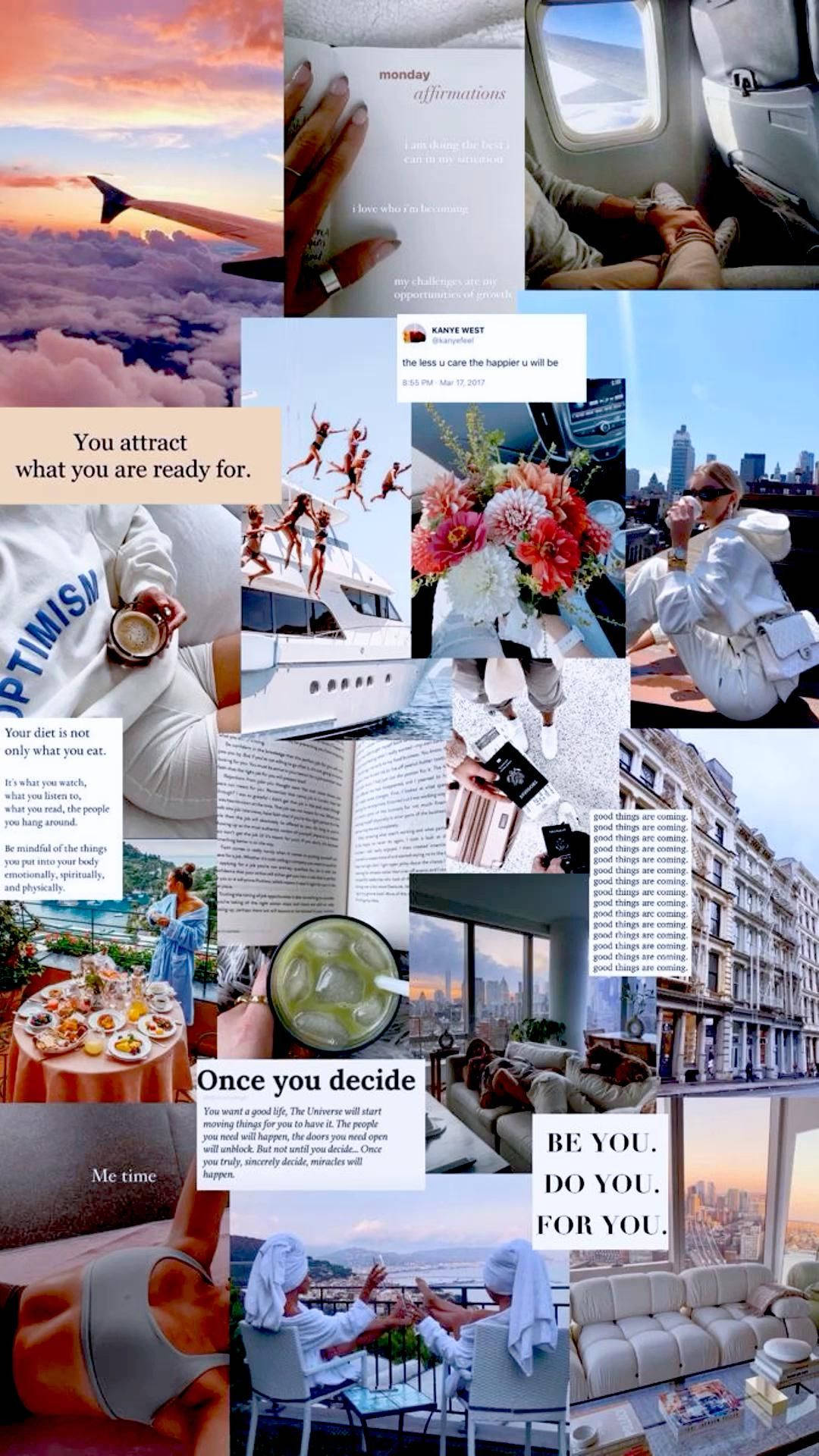 That Girl Aesthetic 桌布 壁紙 — 充滿抱負的生活方式時刻的充滿活力的拼貼畫，包括飛機景觀、勵志名言、豪華旅行和舒適的城市生活空間。