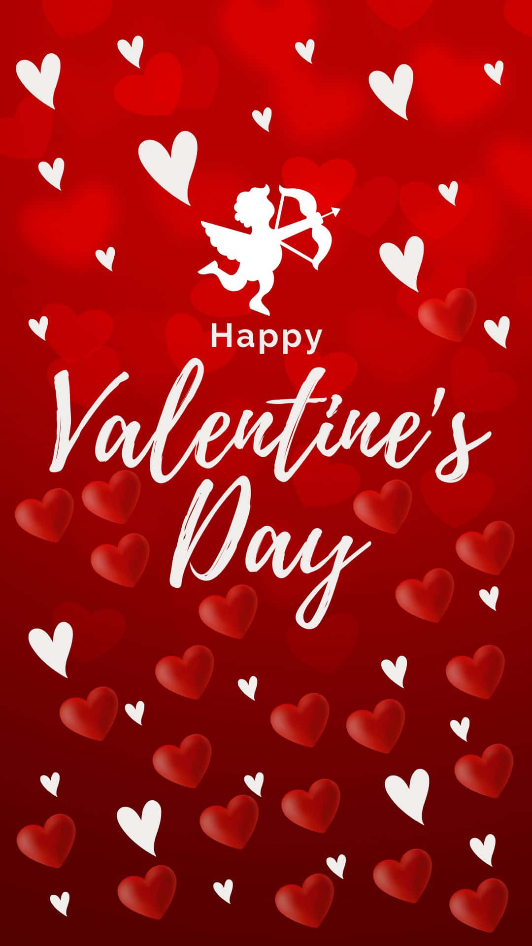 Red Simple Aesthetic Happy Valentine's Day Phone Wallpaper ! 壁紙 — 充滿散落白色和紅色心形的鮮豔紅色背景上，有一個白色的邱比特剪影正在瞄準箭矢，上方有草書文字「Happy Valentine's Day」。