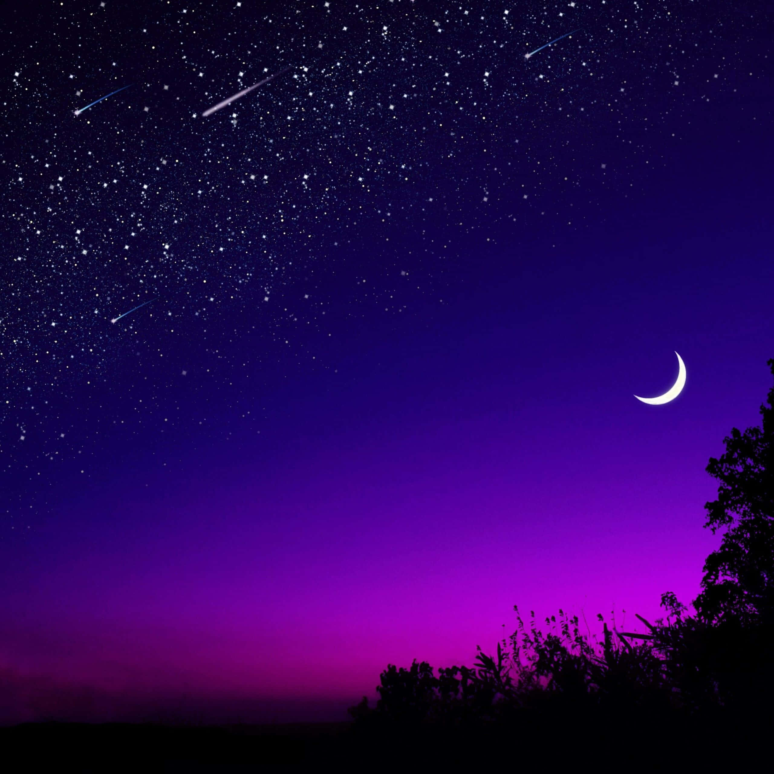 美學 桌布 壁紙 — 充滿星星和流星弧的鮮豔紫色夜空，上方有新月，下方是樹木剪影。