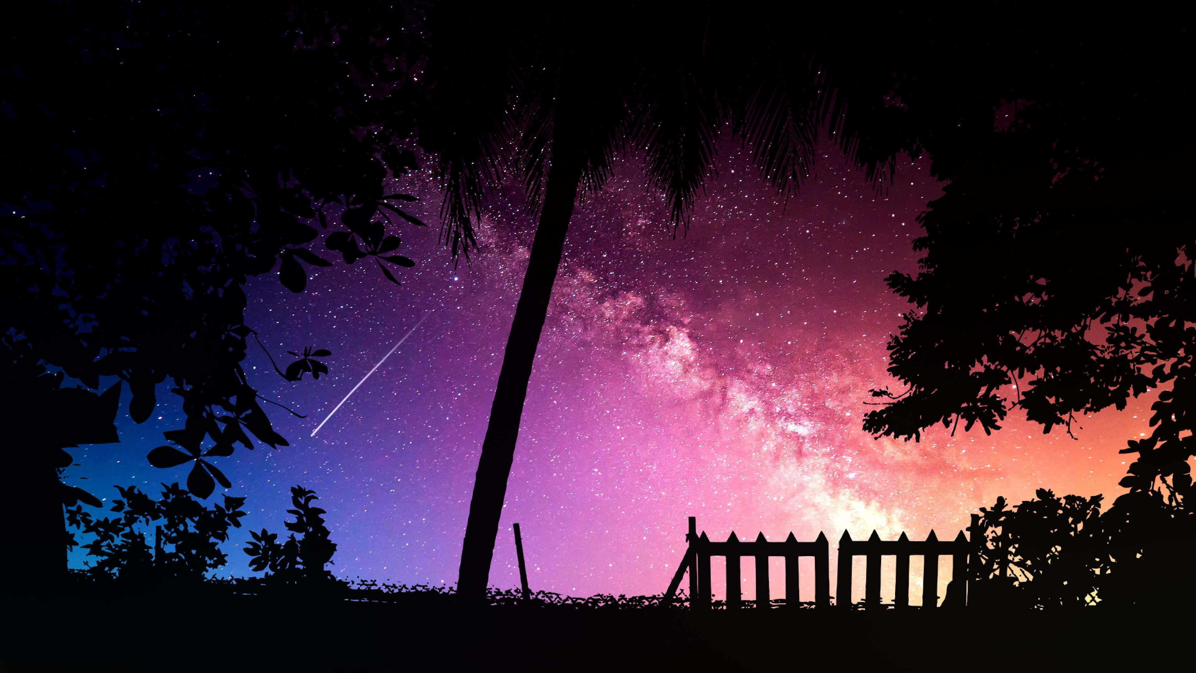 Colorful Sky 桌布 壁紙 — 充滿星星和流星的鮮豔紫色和粉紅色夜空，在棕櫚樹和籬笆的剪影上拱起。