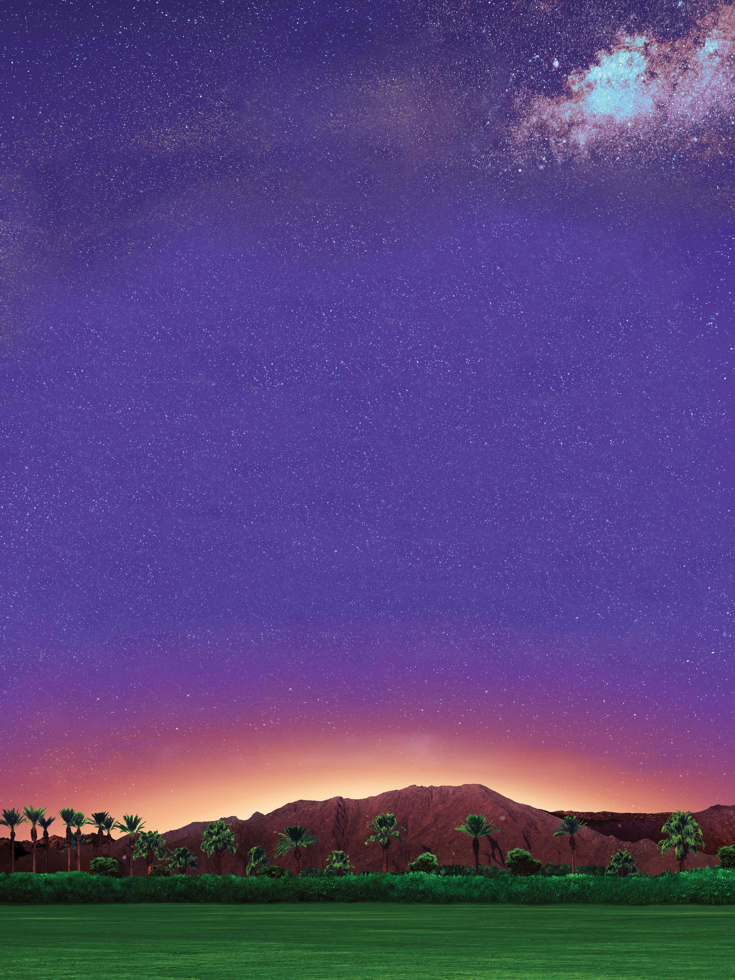 Coachella 桌布 壁紙 — 充滿星星的鮮豔夜空和發光的銀河在沙漠景觀上拱起，有棕櫚樹和遠處的山脈。