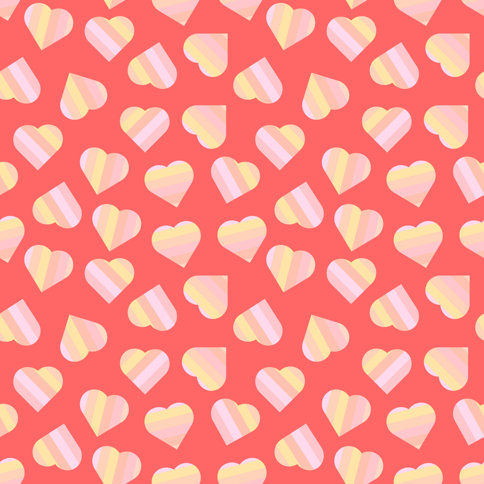 Tumblr Valentines Day 桌布 壁紙 — 充滿柔和黃色、粉紅色和白色條紋重複的粉彩心形的鮮豔珊瑚背景。