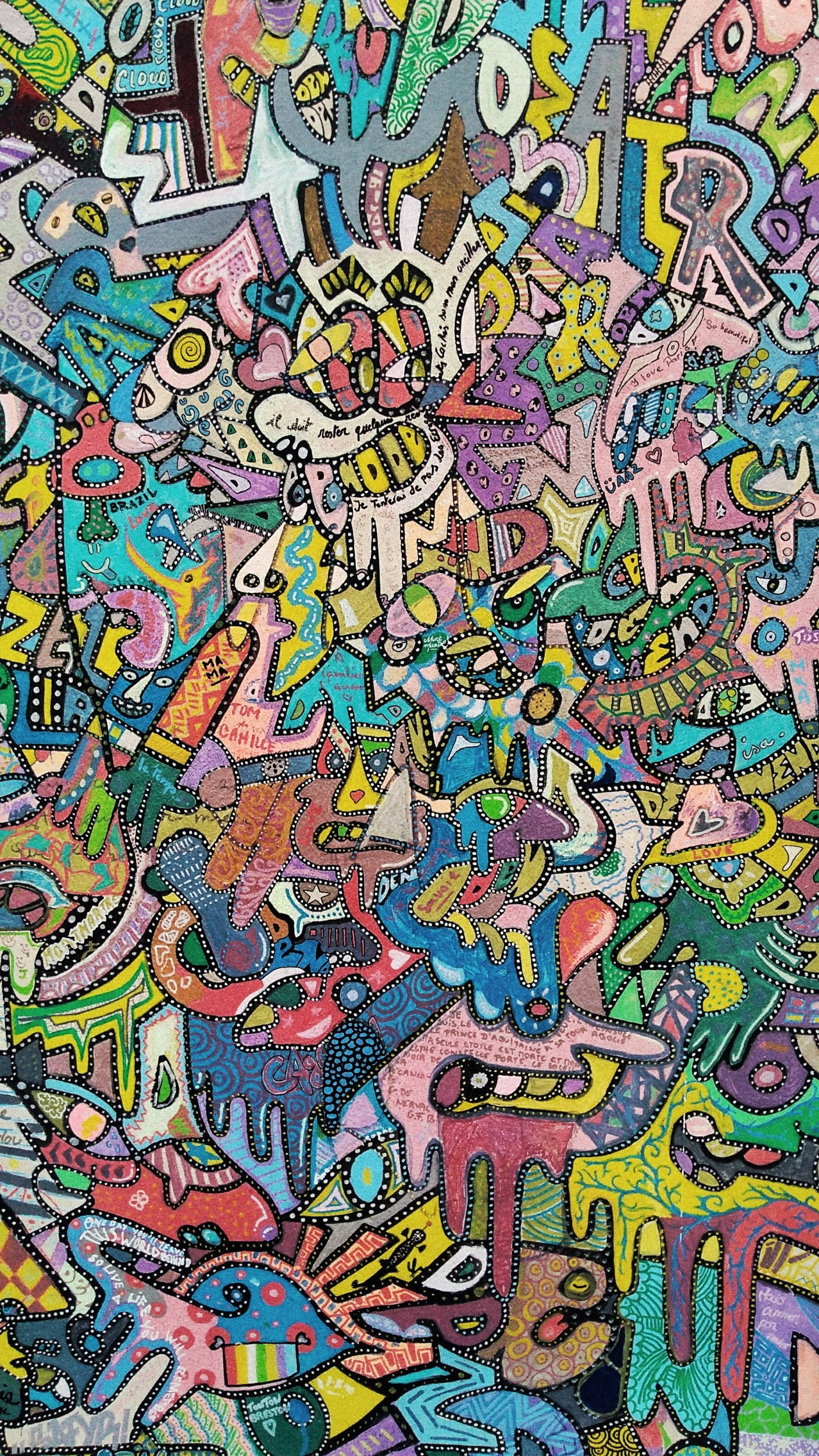 Street Art 桌布 壁紙 — 充滿活力、混亂的塗鴉風格藝術品，充滿色彩繽紛的抽象形狀和風格化的字母。