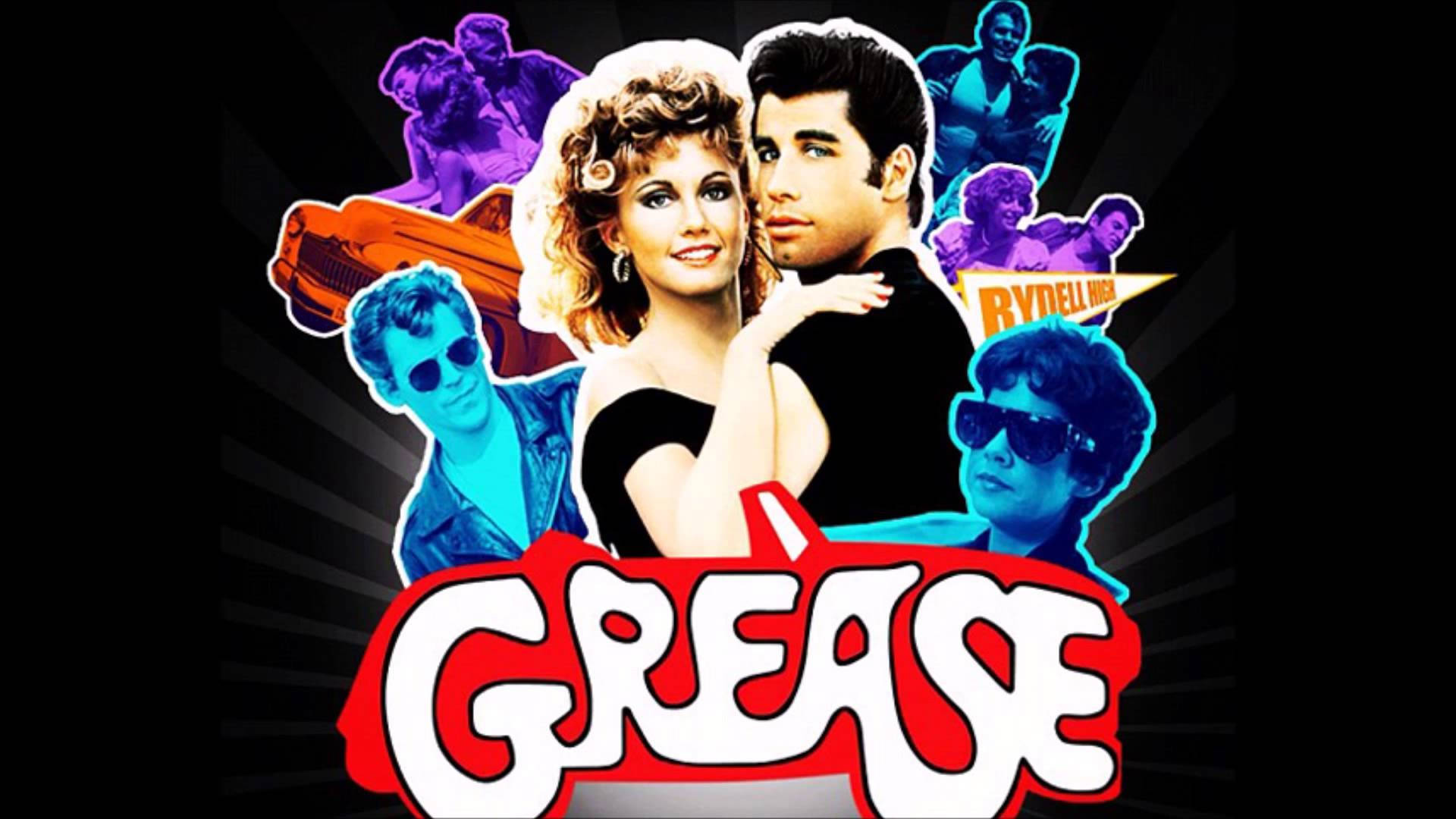 Grease 桌布 壁紙 — 充滿活力的 1950 年代青少年電影海報，為《油脂》設計， featuring 標誌性角色和一輛霓虹橙色汽車，背景為黑色。