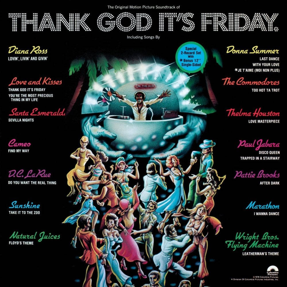 thank god its friday 桌布 壁紙 — 充滿活力的 1970 年代迪斯可專輯封面，有在發光燈光下跳舞的人物和一個被巨手包圍的碗中的 DJ。