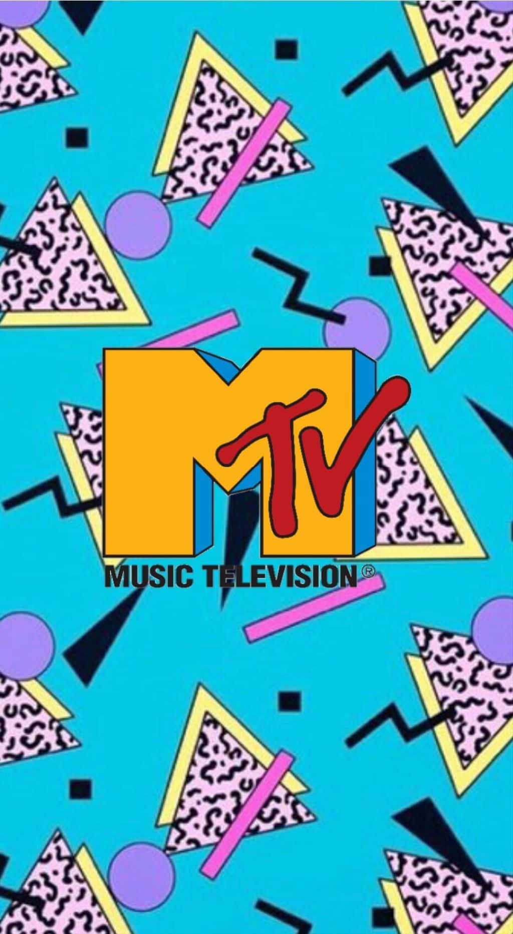 美學 桌布 壁紙 — 充滿活力的 1980 年代 MTV 標誌，居中於青綠色背景上，搭配幾何形狀和豹紋三角形。