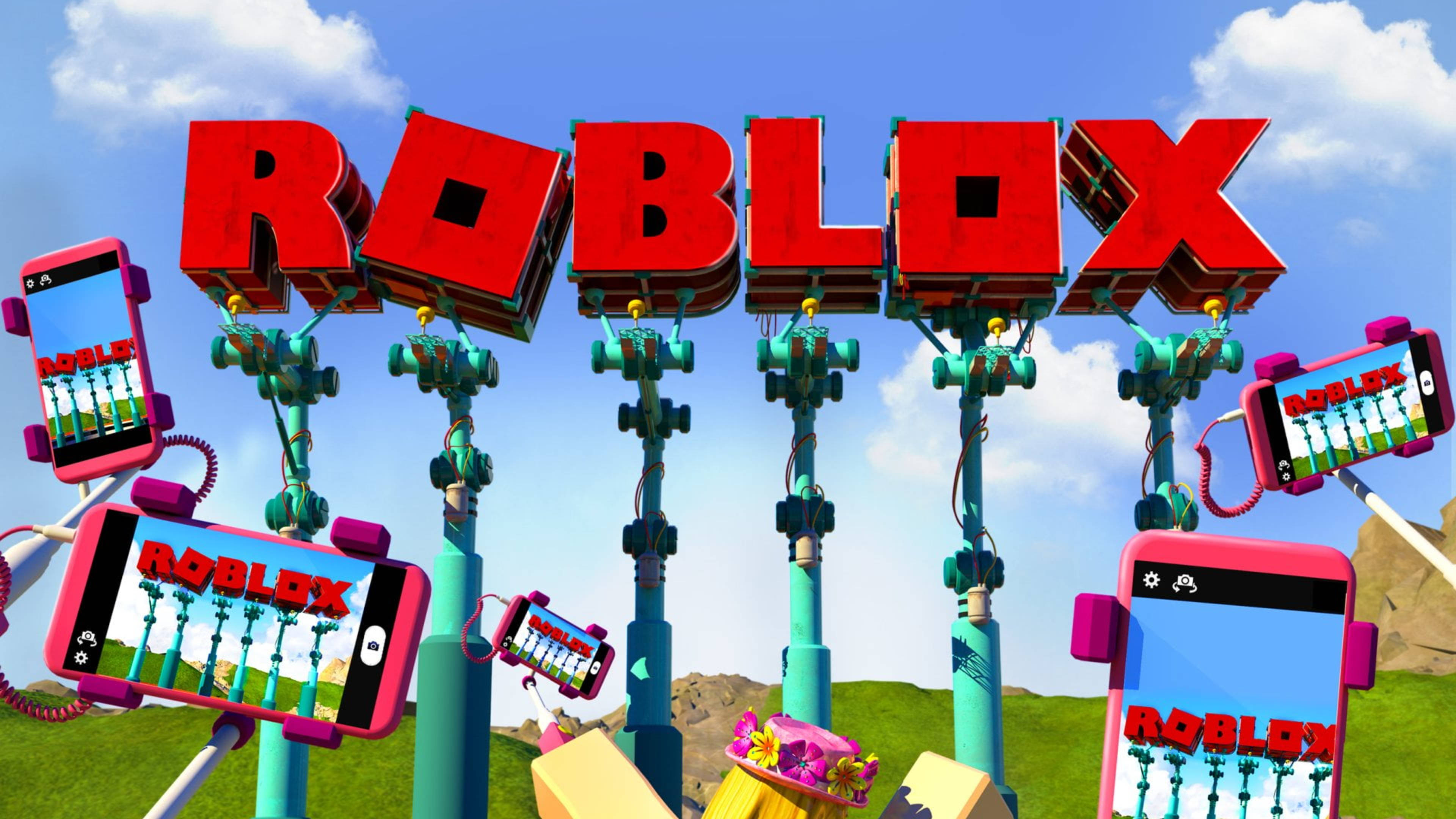 Roblox 桌布 壁紙 — 充滿活力的 3D 渲染 Roblox 標誌聳立在草地上，漂浮的智慧型手機顯示遊戲。