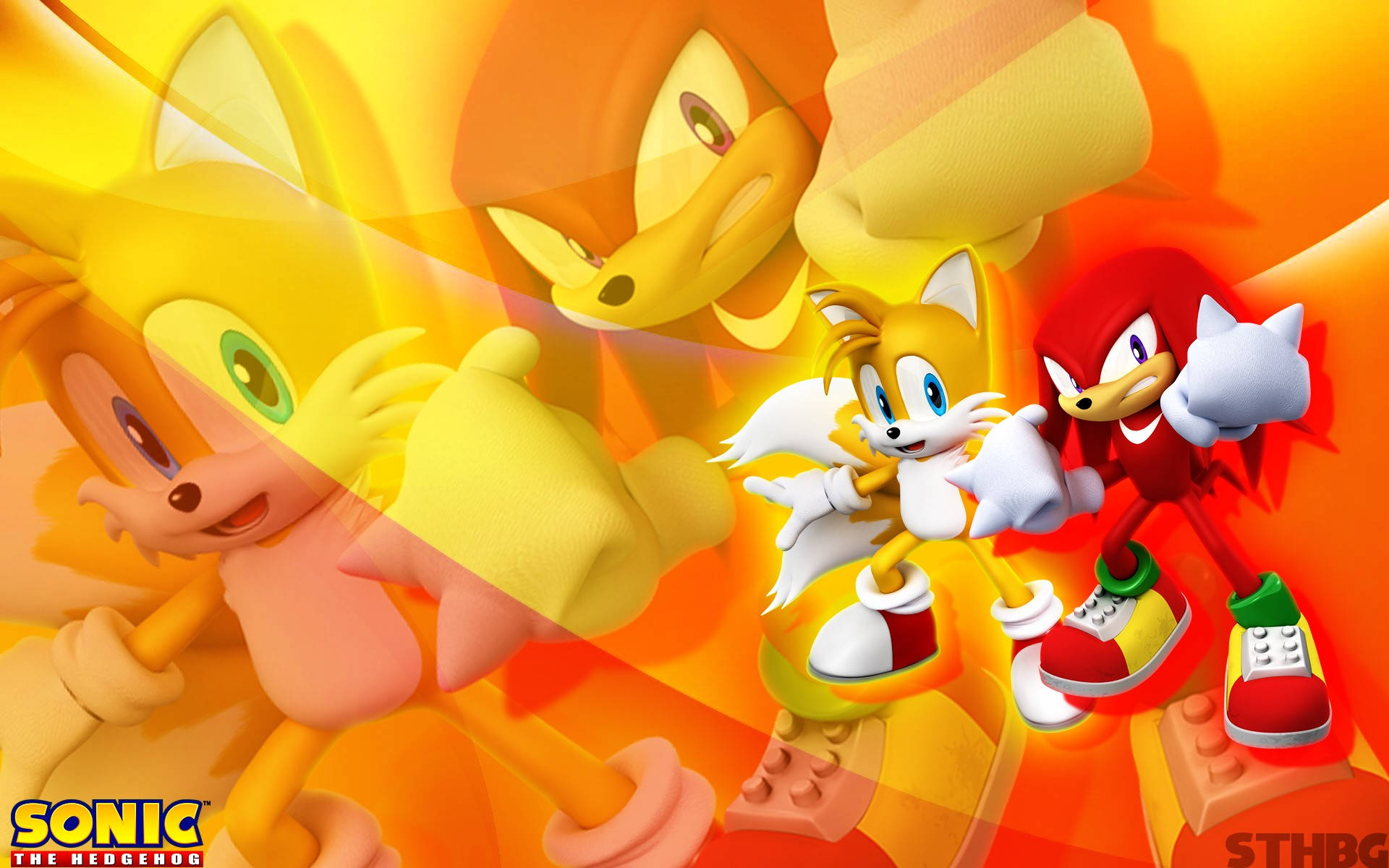 Knuckles 桌布 壁紙 — 充滿活力的 3D 渲染 Sonic 角色 Tails 和 Knuckles 在火熱的橙黃漸變背景上動態擺姿勢。