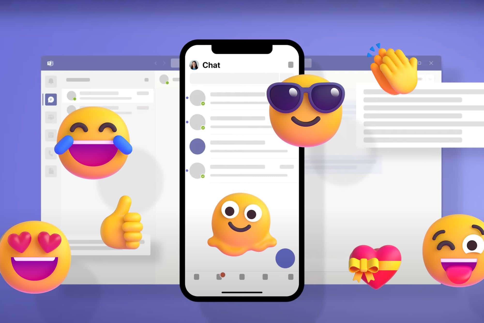 Microsoft Teams 桌布 壁紙 — 充滿活力的 3D 渲染表情符號漂浮在顯示聊天介面的智慧型手機周圍，背景為紫色漸層。
