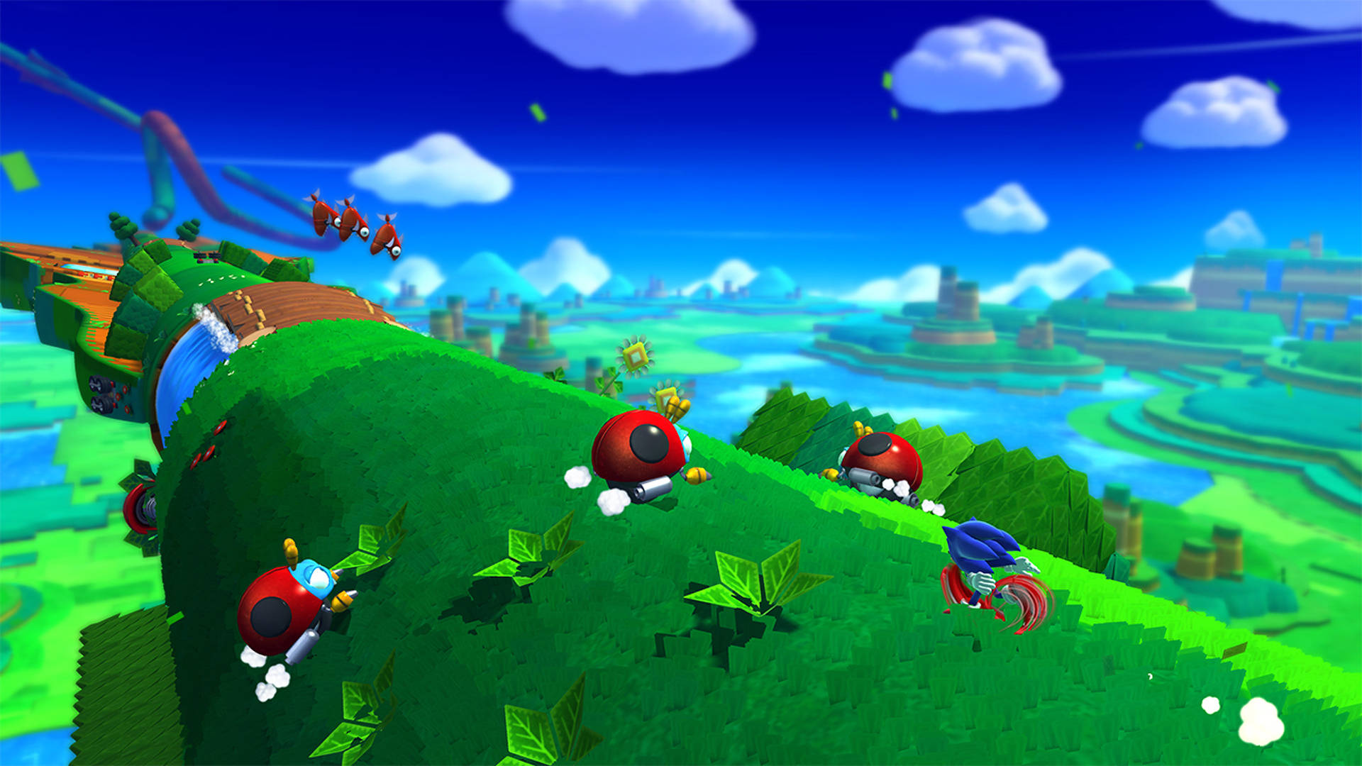 World 桌布 壁紙 — 充滿活力的 3D 渲染遊戲場景，紅色蘑菇狀角色在茂密的綠色山丘上競速，背景是明亮的藍天和蓬鬆的白雲。