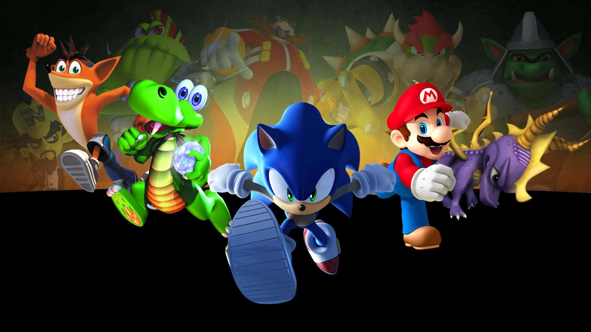 Sonic Characters 桌布 壁紙 — 充滿活力的 3D 渲染電玩英雄，包括 Sonic、Mario 和 Crash Bandicoot，在黑暗背景下向前衝刺，身後有迫近的惡棍。