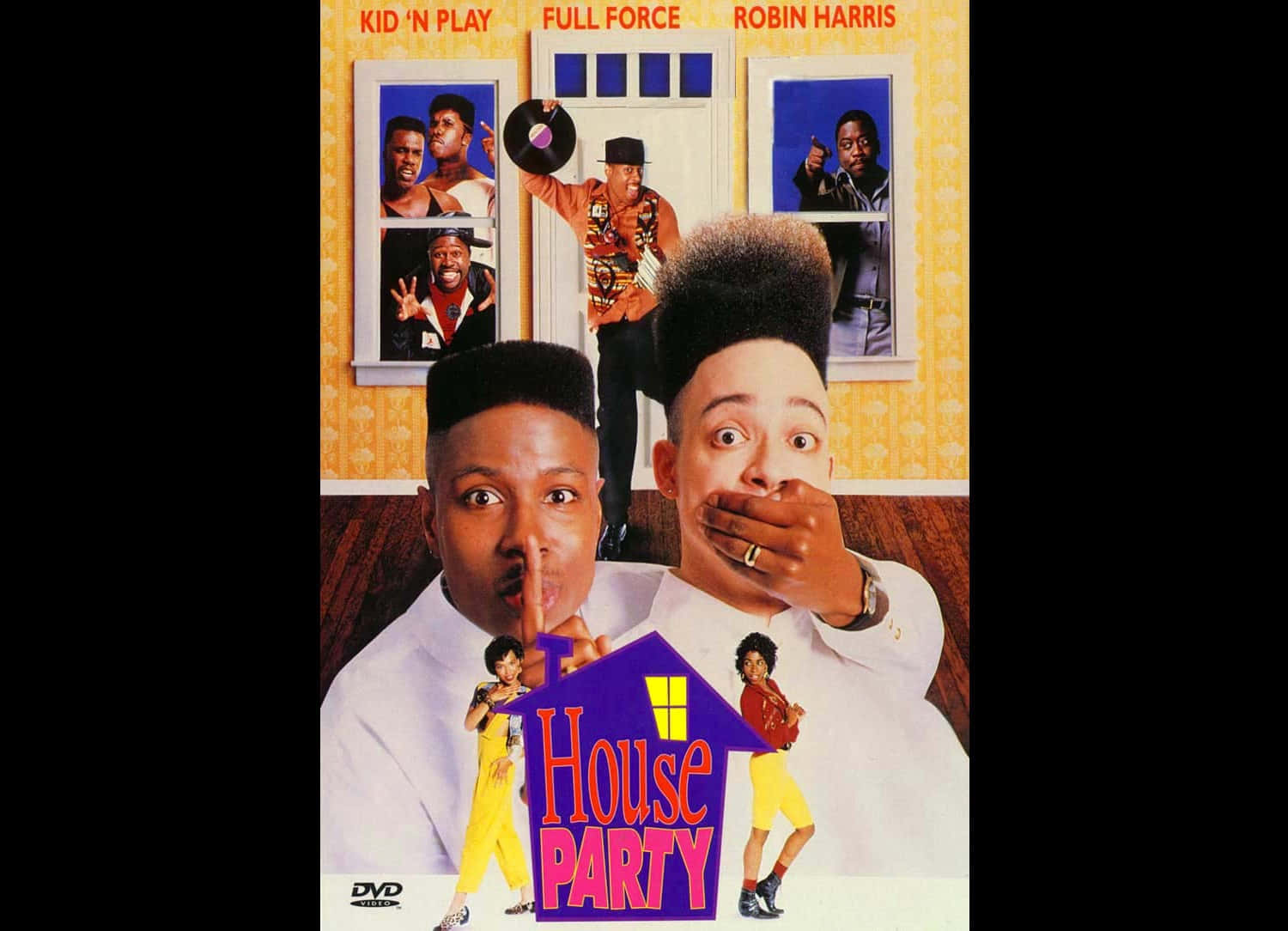 House Party 桌布 壁紙 — 充滿活力的 90 年代電影海報《House Party》，誇張的表情和色彩繽紛的角色在熱鬧的室內環境中。