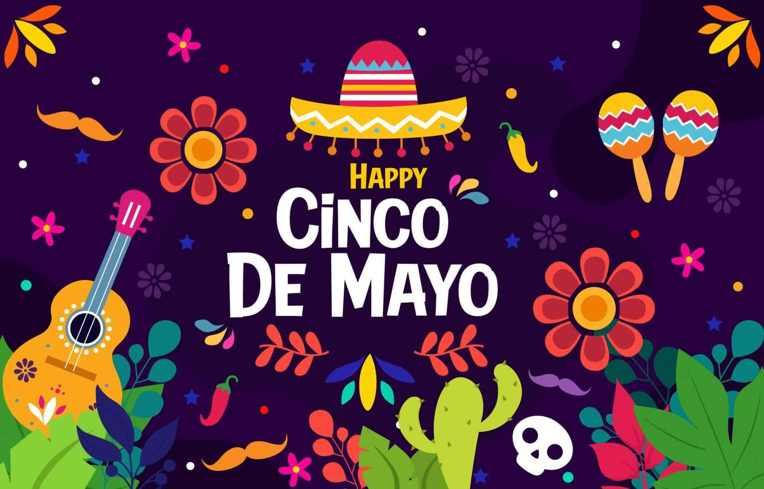 Happy Cinco De Mayo 桌布 壁紙 — 充滿活力的 Cinco de Mayo 慶祝活動，以闊邊帽、吉他、沙鈴和仙人掌為特色，背景為深紫色。