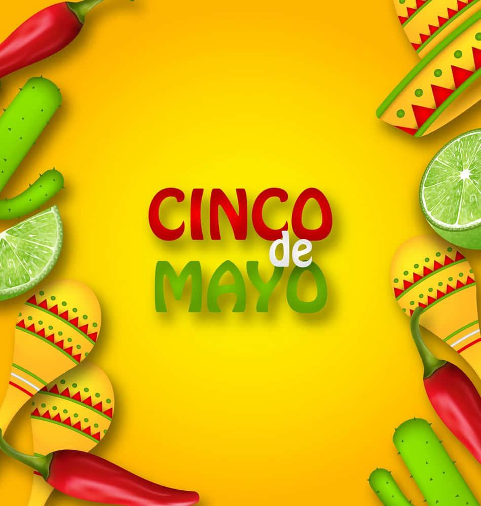 Happy Cinco De Mayo 桌布 壁紙 — 充滿活力的 Cinco de Mayo 慶祝活動，沙槌、辣椒和萊姆片框住粗體文字，背景是陽光黃色。