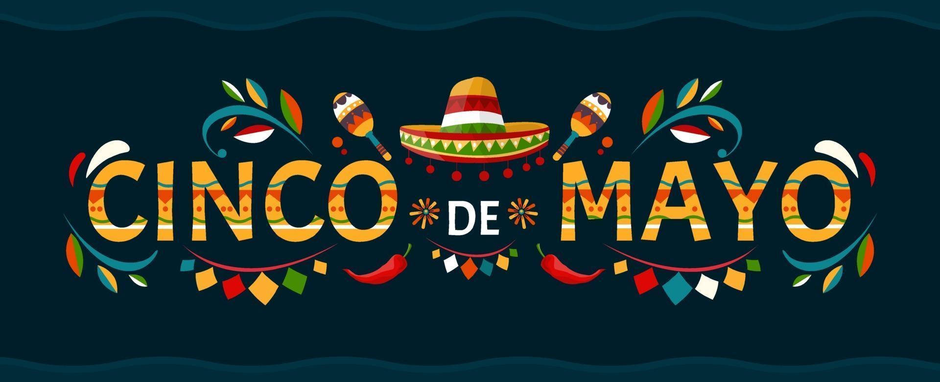 Mexican 桌布 壁紙 — 充滿活力的 Cinco de Mayo 橫幅，色彩繽紛的闊邊帽、沙槌和辣椒，背景為深藍色。