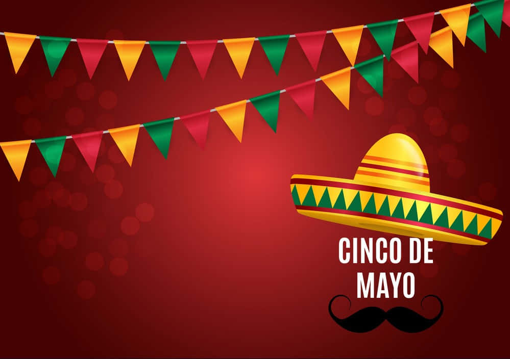 Sombrero 桌布 壁紙 — 充滿活力的 Cinco de Mayo 慶祝活動，色彩繽紛的三角旗幟和傳統墨西哥闊邊帽在濃郁的紅色背景襯托下。