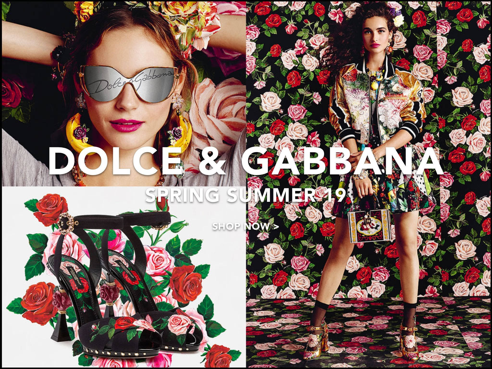 Woman 桌布 壁紙 — 充滿活力的 Dolce & Gabbana 春夏 19 廣告，模特兒穿著花卉服裝和太陽眼鏡，被玫瑰環繞。