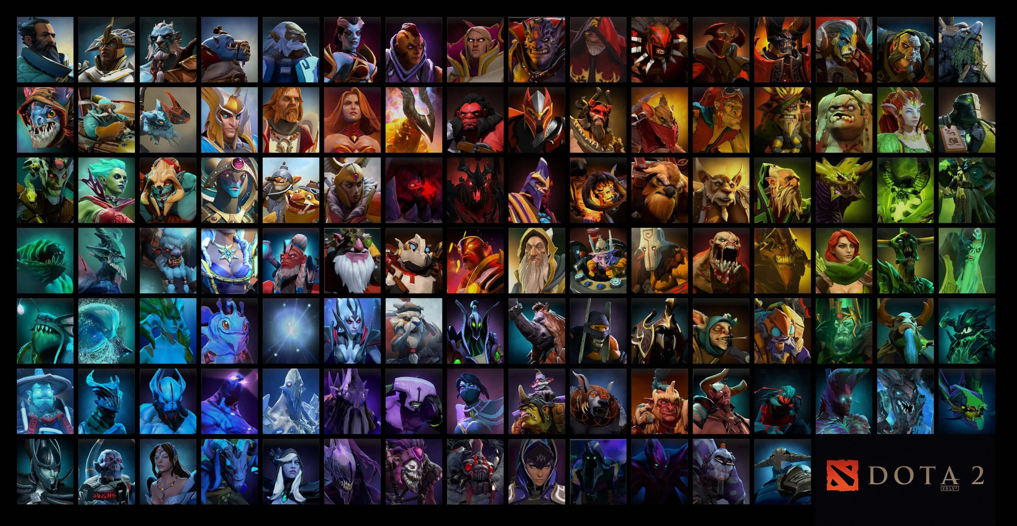 4K 桌布 壁紙 — 充滿活力的 Dota 2 英雄肖像網格，展示多樣化的奇幻角色，具有戲劇性的燈光和豐富的色彩調色板。