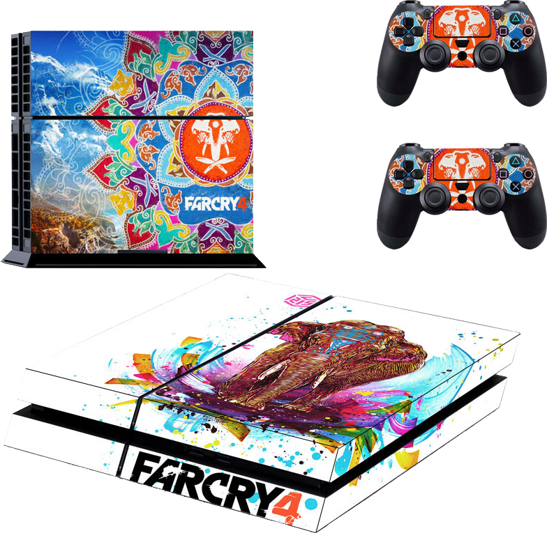 PlayStation 桌布 壁紙 — 充滿活力的 Far Cry 4 主題 PlayStation 4 主機和控制器皮膚，具有色彩繽紛的部落圖案和動態大象藝術品。