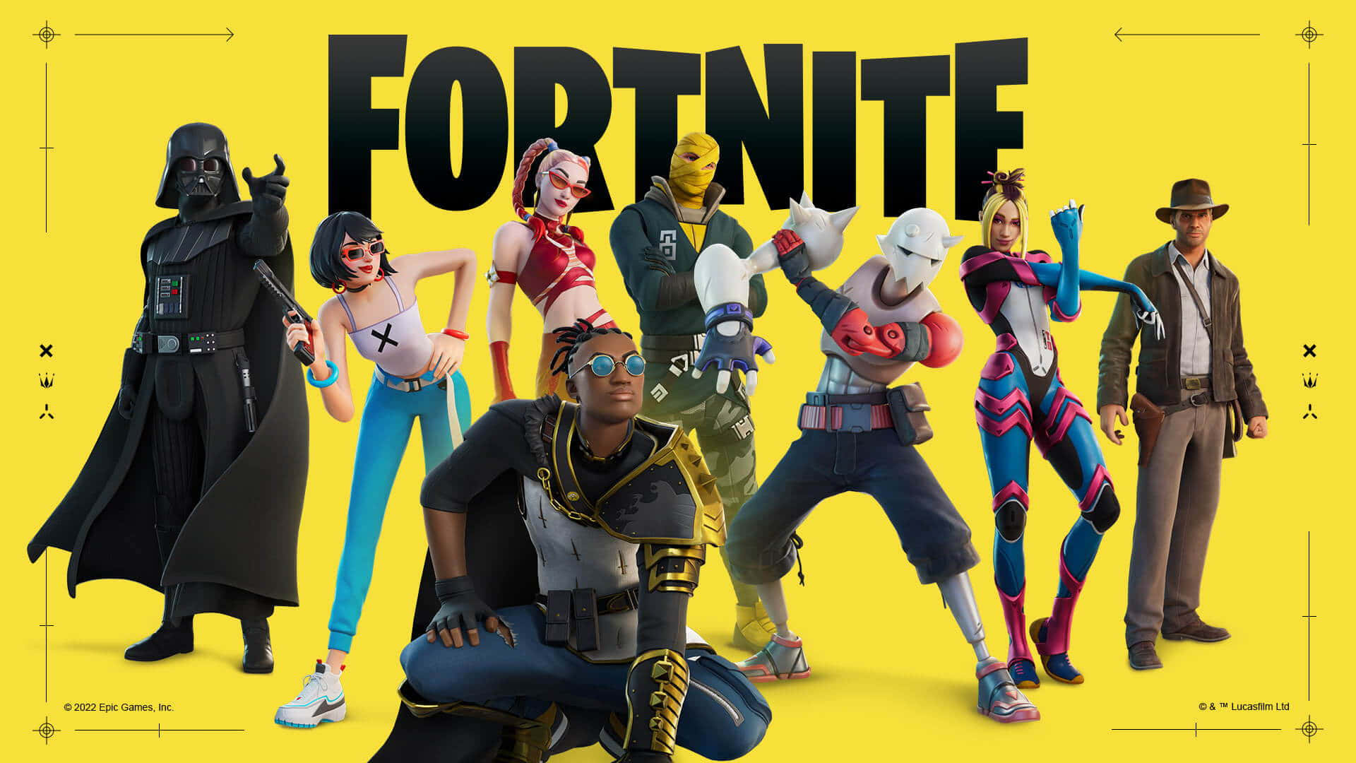 桌布 壁紙 — 充滿活力的 Fortnite 角色在明亮的黃色背景上以大膽姿勢呈現，並帶有大型黑色標誌。