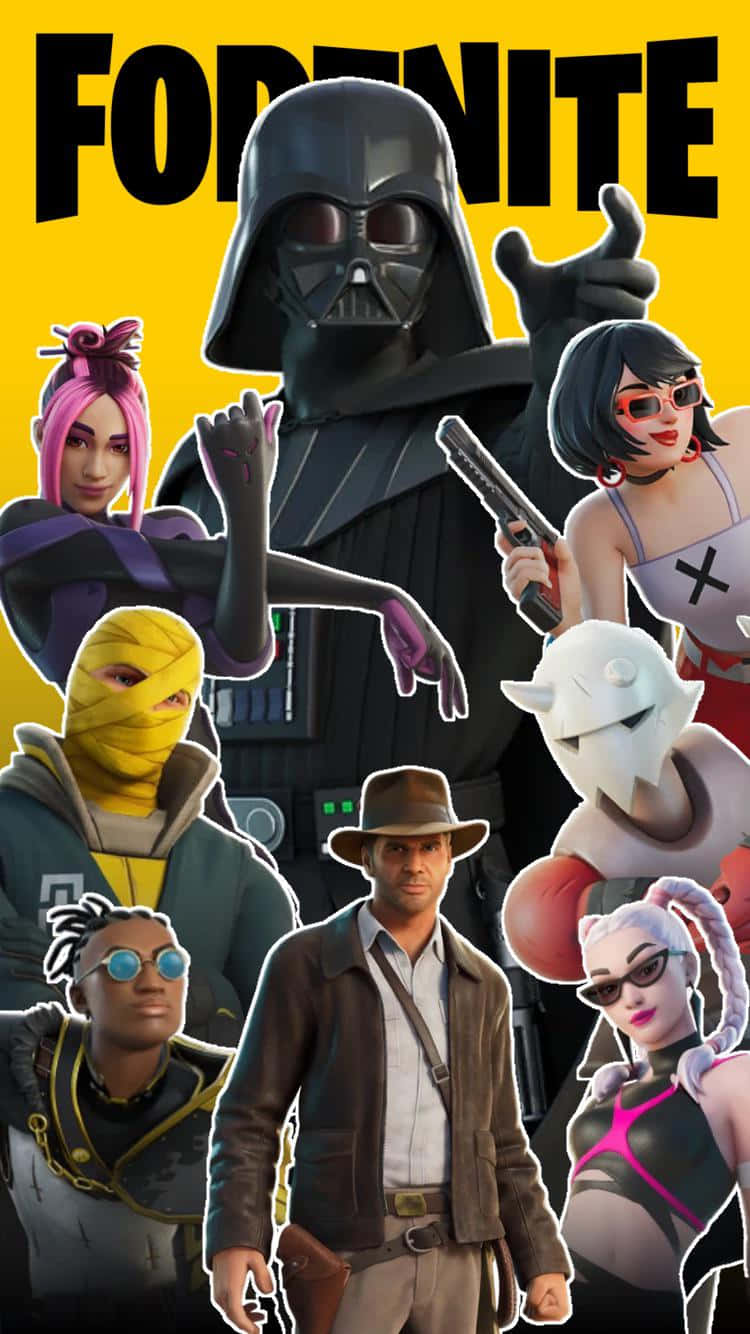 桌布 壁紙 — 充滿活力的 Fortnite 角色拼貼畫，包括 Darth Vader 和 Indiana Jones，背景為大膽的黃色。