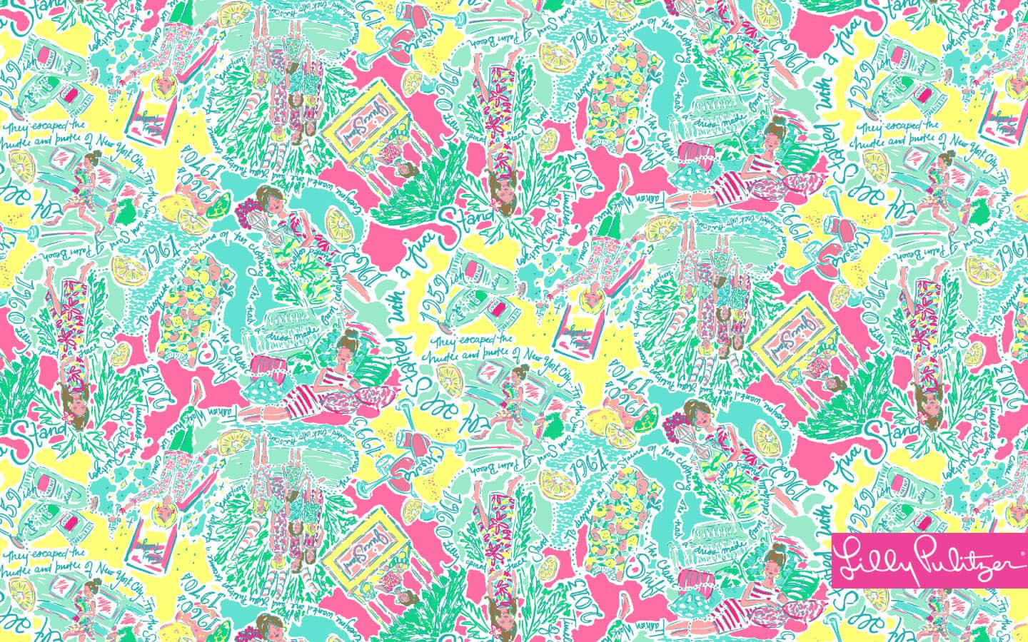 莉莉·普利策 桌布 壁紙 — 充滿活力的 Lilly Pulitzer 壁紙，重複的女孩、柑橘片和文字插圖，背景為粉紅色、黃色和藍綠色。