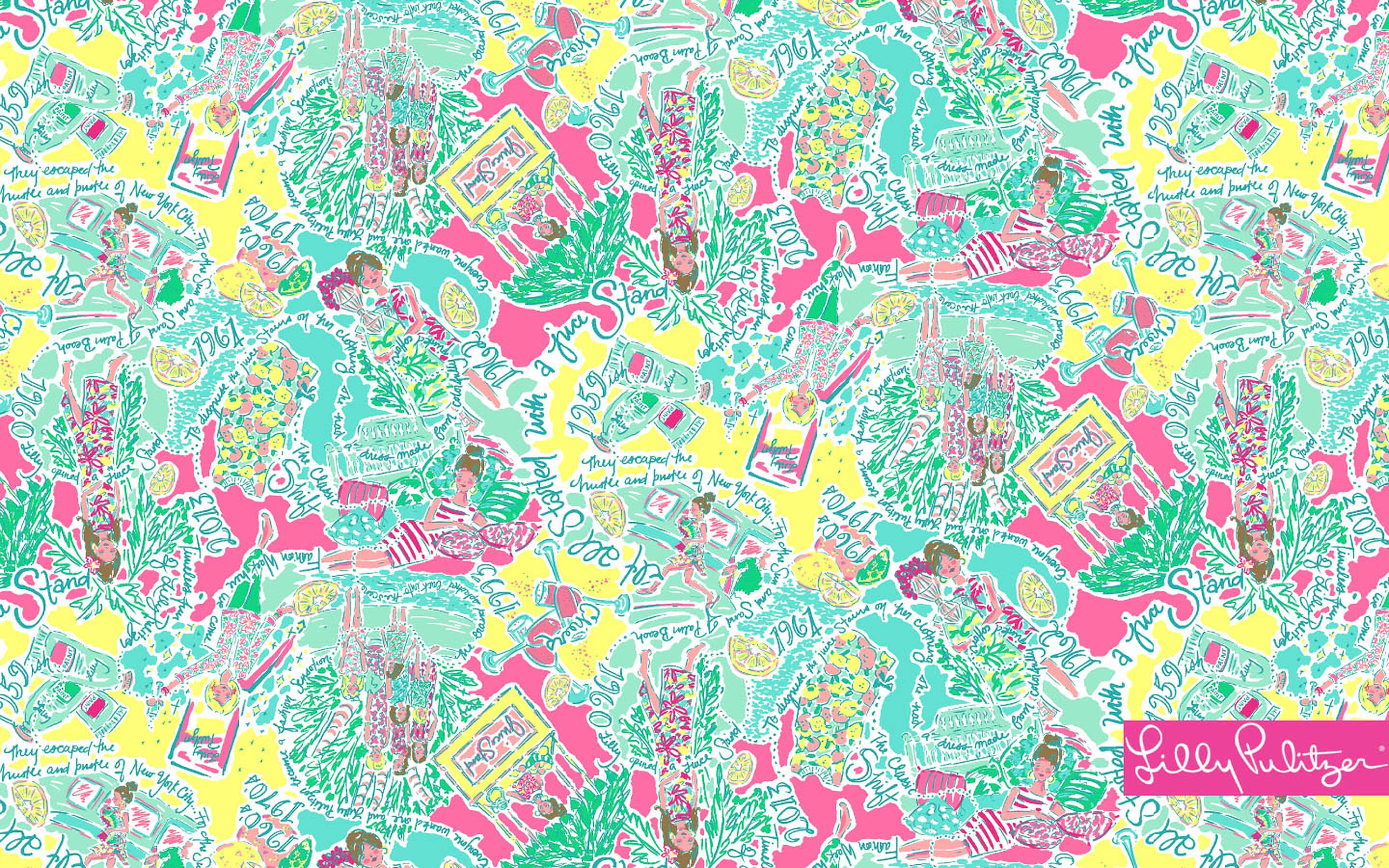 lilly 桌布 壁紙 — 充滿活力的 Lilly Pulitzer 壁紙，重複出現女孩、柑橘片和花卉圖案，採用大膽的粉紅色、黃色和藍綠色。