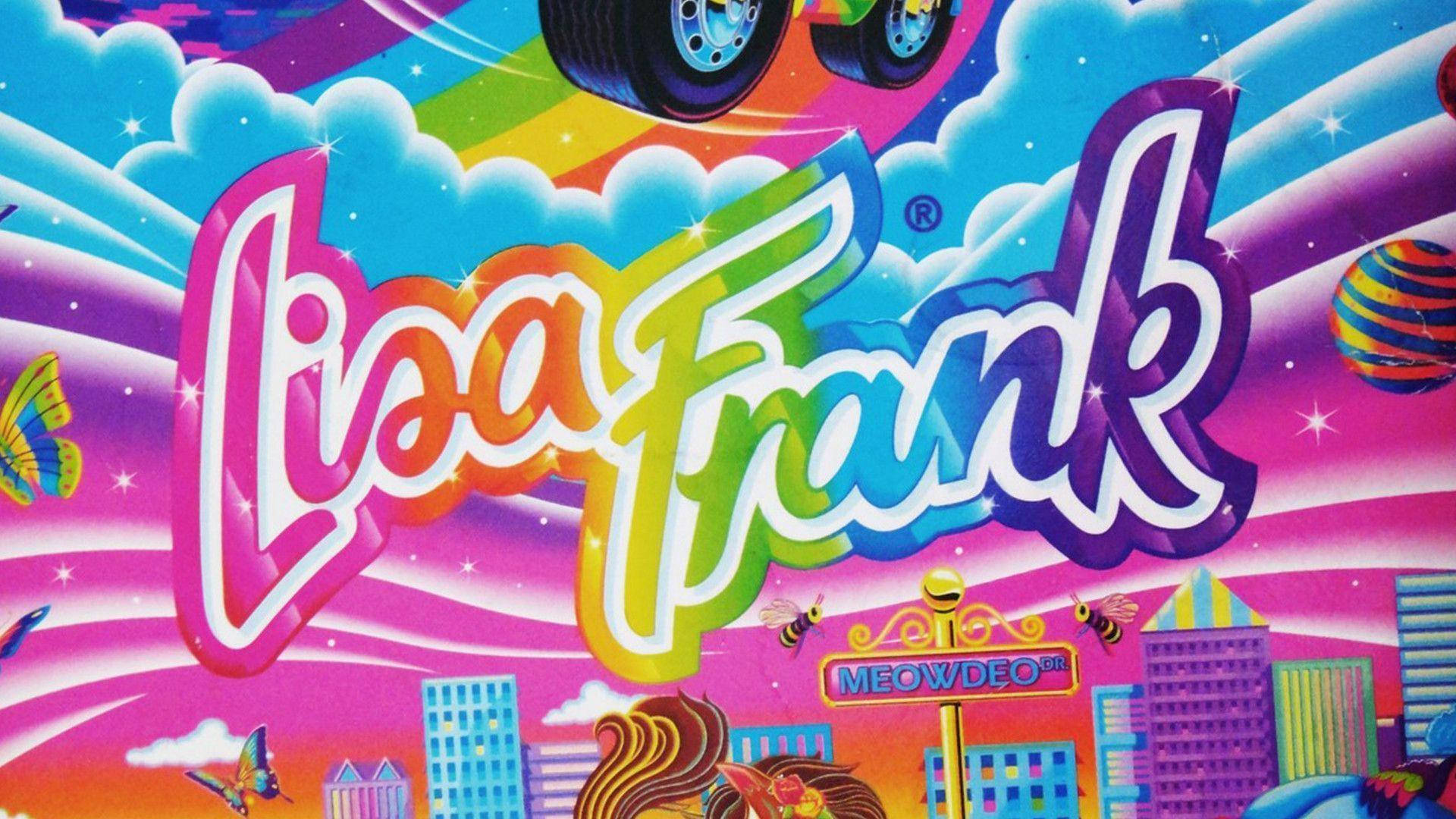 標誌 桌布 壁紙 — 充滿活力的 Lisa Frank 標誌漂浮在彩虹雲朵和卡通城市景觀中，伴隨著閃爍的星星和色彩繽紛的車輛。