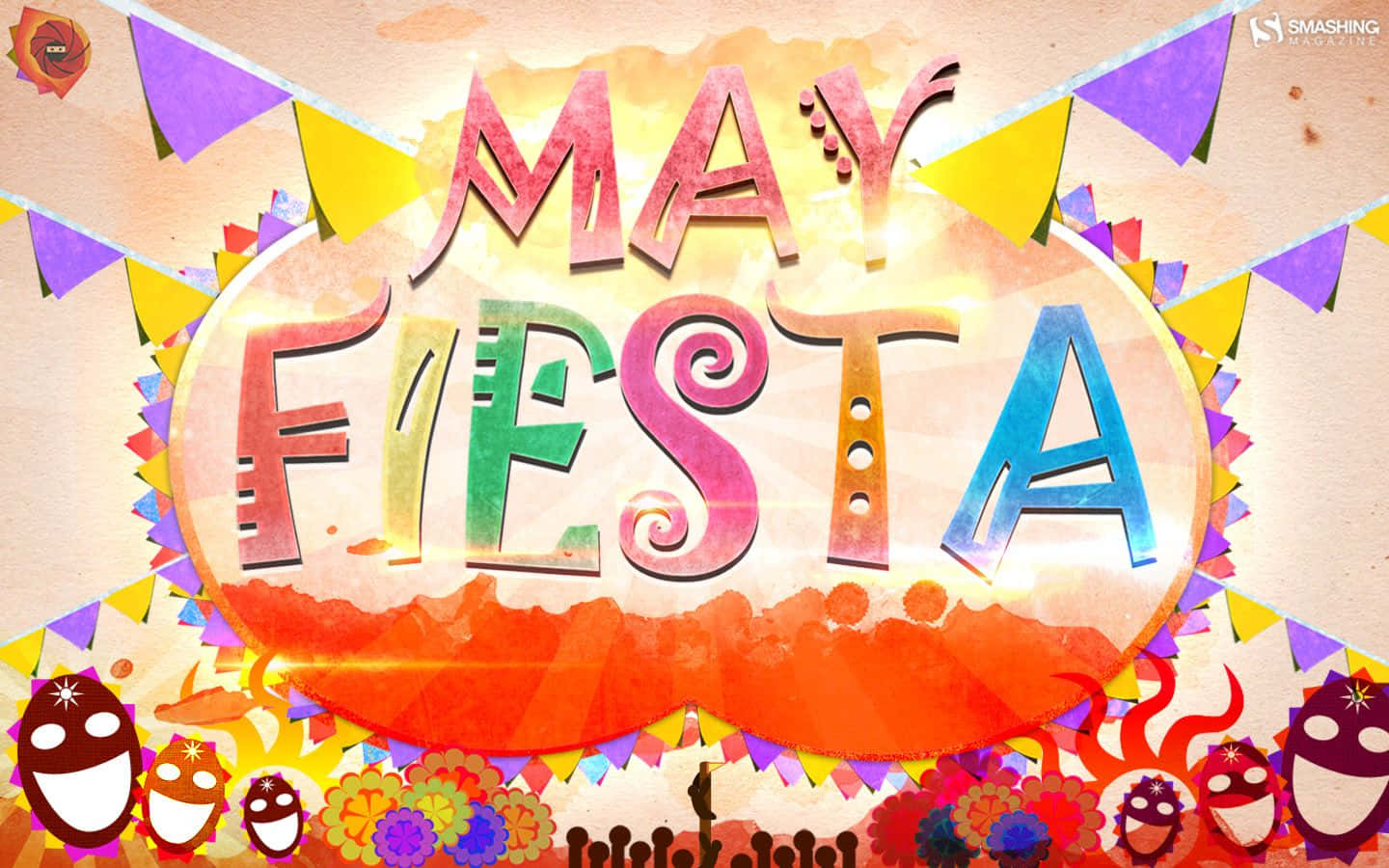 Mexican 桌布 壁紙 — 充滿活力的「May Fiesta」文字以彩色3D字體呈現，周圍環繞著節日彩旗和微笑面具圖標，背景帶有紋理。
