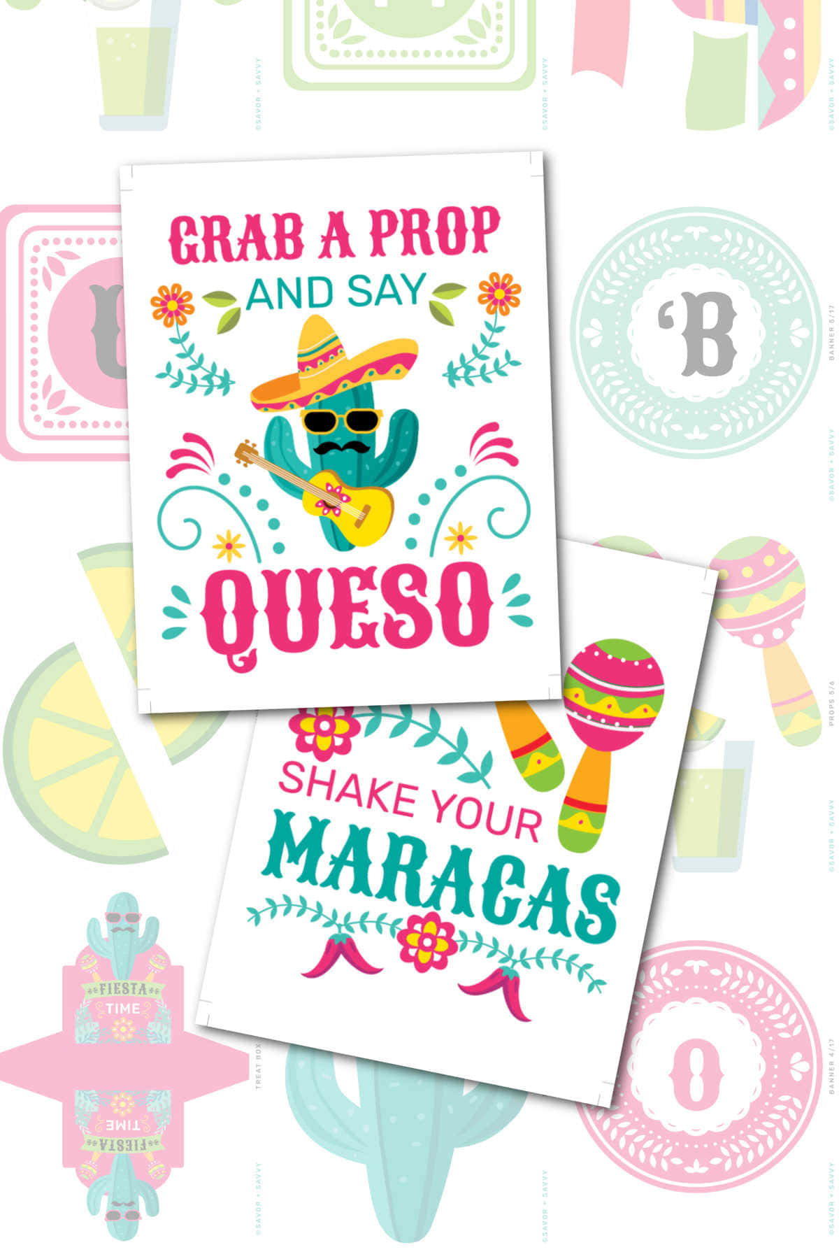 Cinco De Mayo 桌布 壁紙 — 充滿活力的 papel picado 風格派對卡片，上有仙人掌音樂家和沙鈴，背景為粉彩圖案。