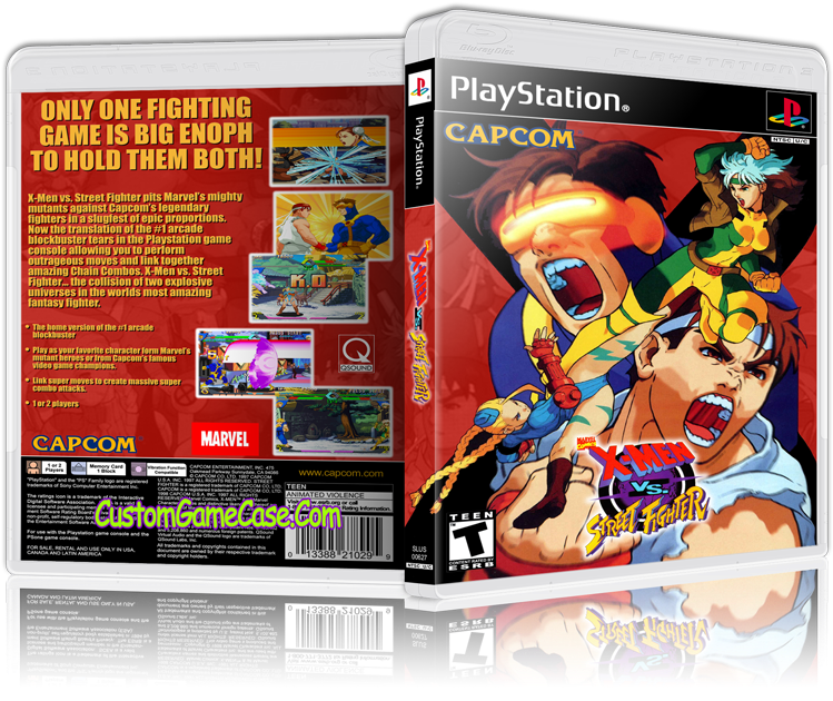 快打旋風 桌布 壁紙 — 充滿活力的 PlayStation 遊戲盒，適用於 X-Men vs Street Fighter，動漫風格的角色在火紅背景下激烈戰鬥。