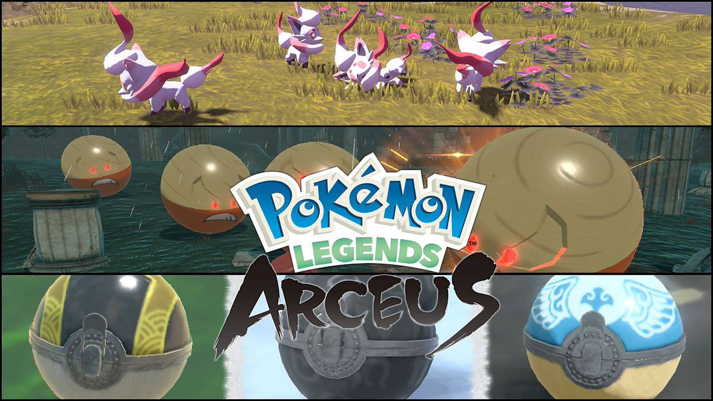 Legends 桌布 壁紙 — 充滿活力的 Pokémon Legends Arceus 拼貼畫，以野生 Sinistea 和獨特的寶可夢球為特色，呈現風格化的遊戲世界。