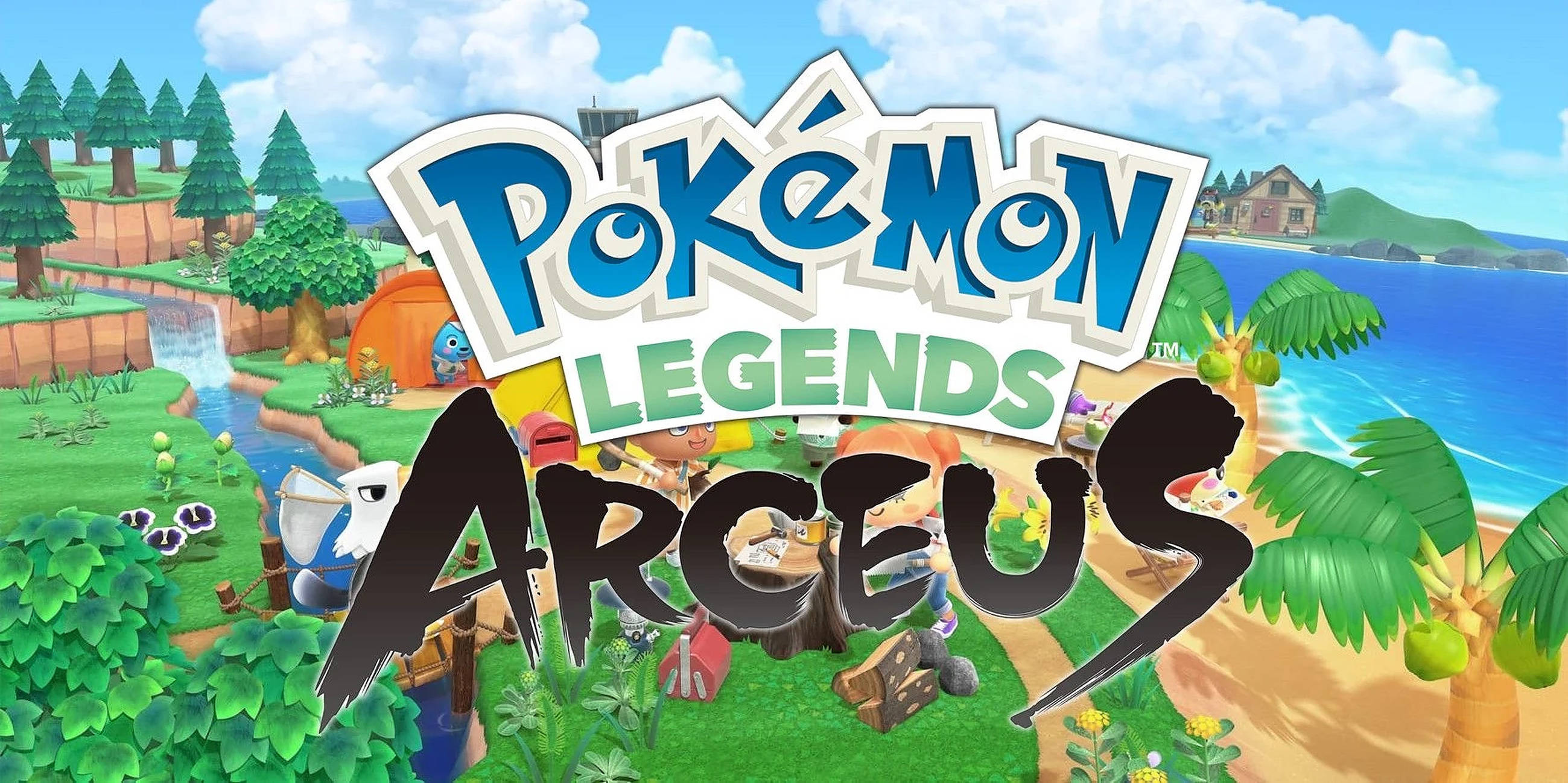 Legends 桌布 壁紙 — 充滿活力的 Pokémon Legends Arceus 標題畫面，展示一個茂密的熱帶島嶼，有棕櫚樹、瀑布和色彩繽紛的遊戲角色。