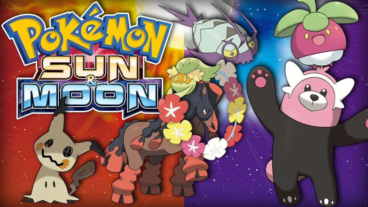 寶可夢 桌布 壁紙 — 充滿活力的 Pokémon 太陽＆月亮標題藝術，五隻色彩繽紛的 Pokémon 在分裂的太陽和月亮宇宙背景前。