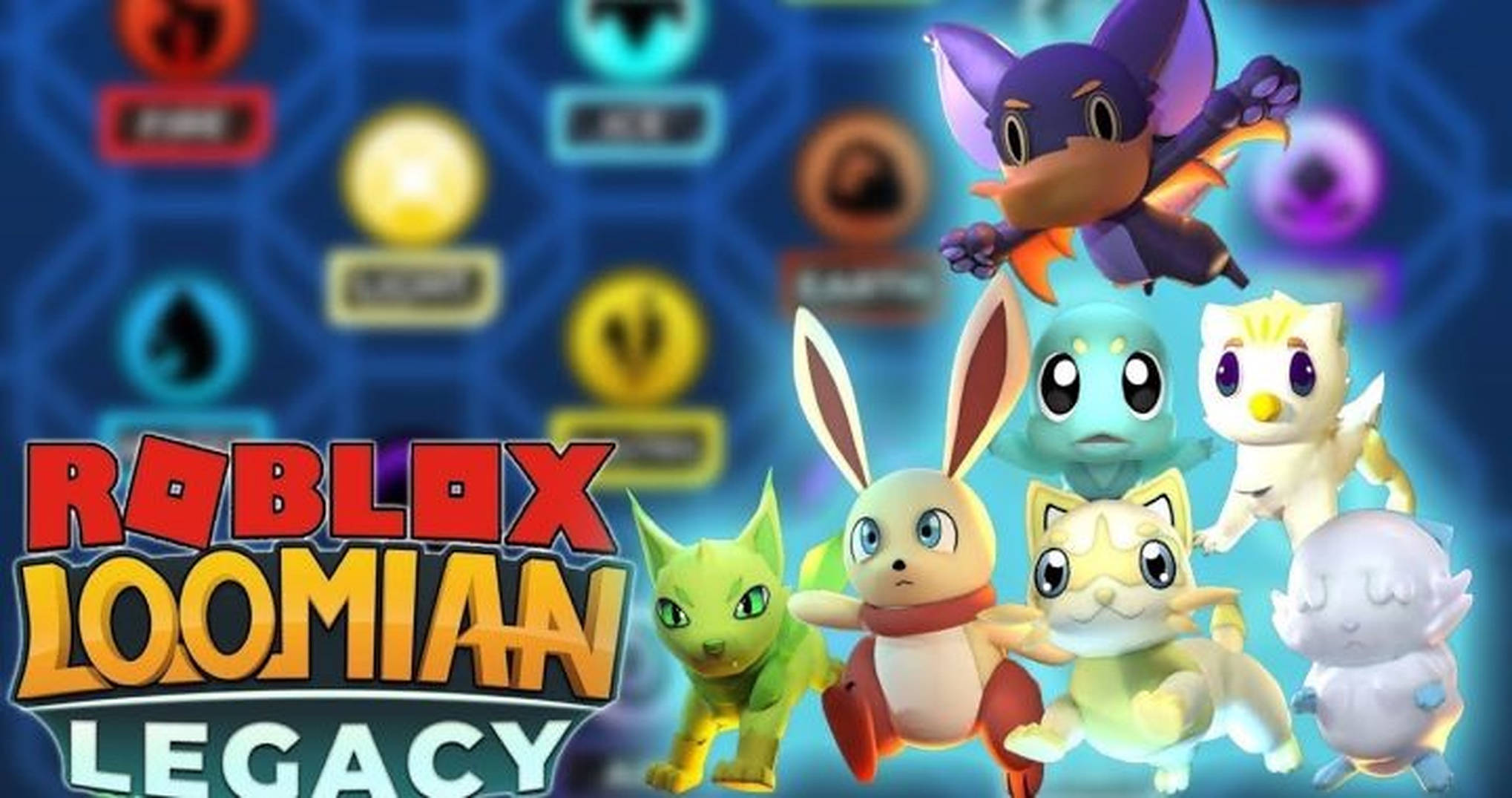 洛米安傳奇 桌布 壁紙 — 充滿活力的 Roblox Loomian Legacy 遊戲角色，擁有發光的眼睛和色彩繽紛的設計，背景為六邊形介面。