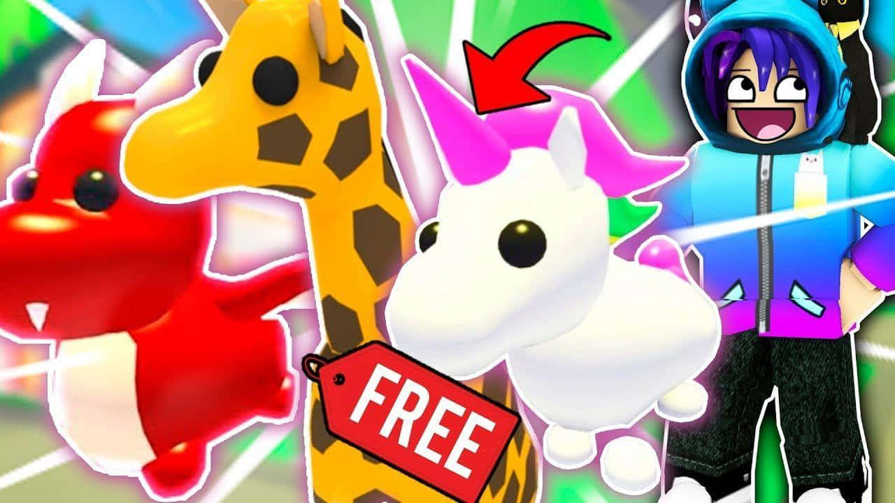 Roblox 桌布 壁紙 — 充滿活力的 Roblox 風格卡通角色，包括長頸鹿、獨角獸和龍，帶有「免費」標籤，背景為發光的霓虹燈。
