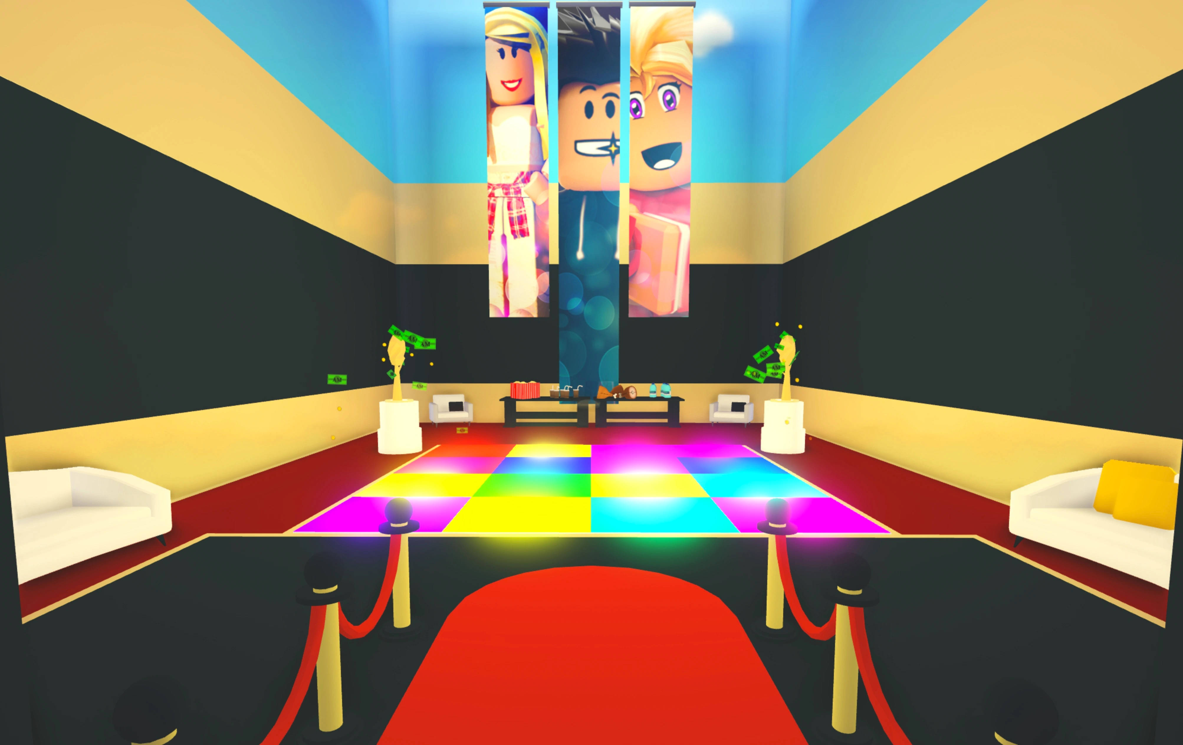 Me 桌布 壁紙 — 充滿活力的 Roblox 風格派對房間，設有彩虹舞池、紅地毯和卡通角色橫幅。